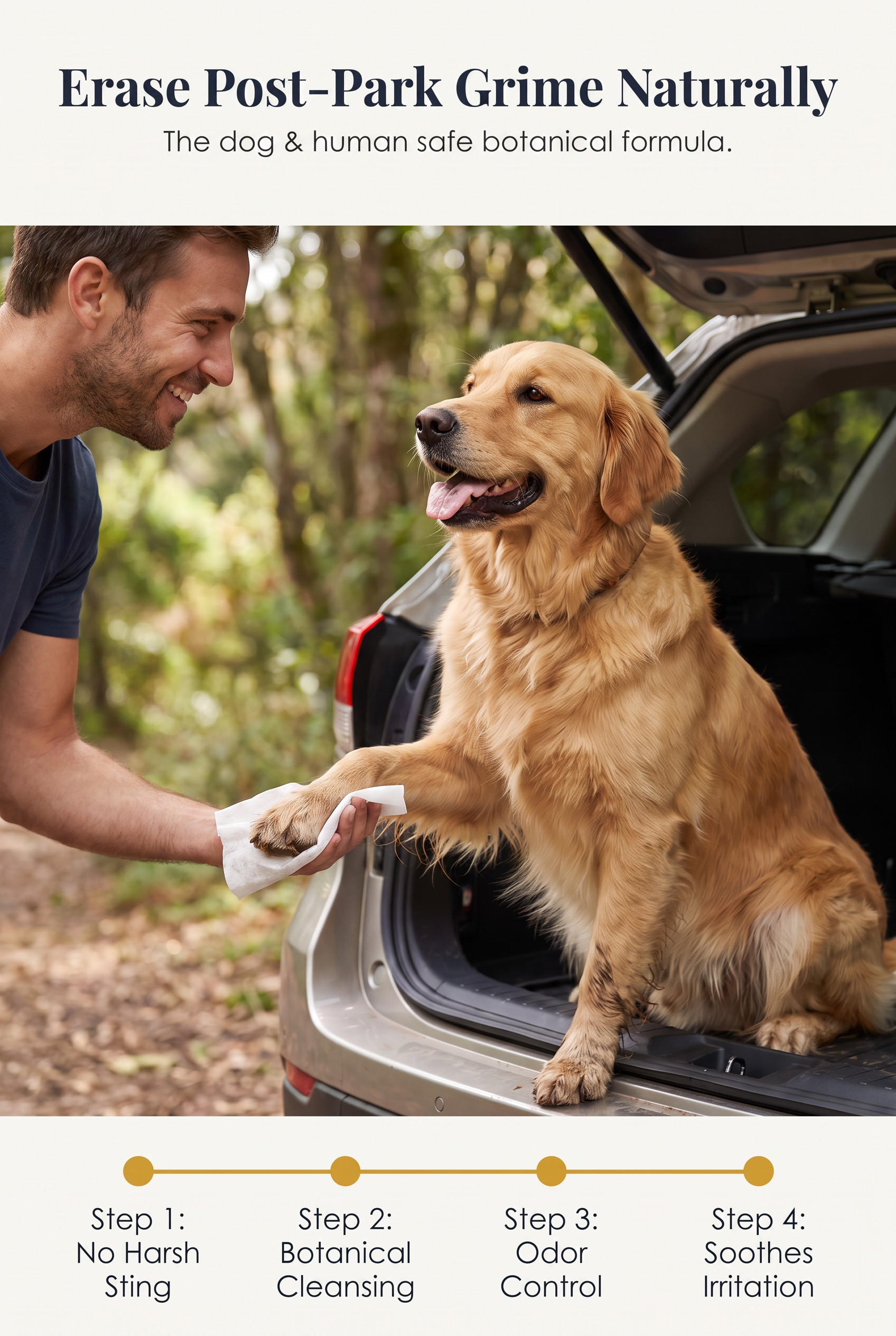 A man with a beard smiling and holding a white cloth, cleaning the paw of a golden retriever sitting in the open trunk of a silver car in a wooded area.