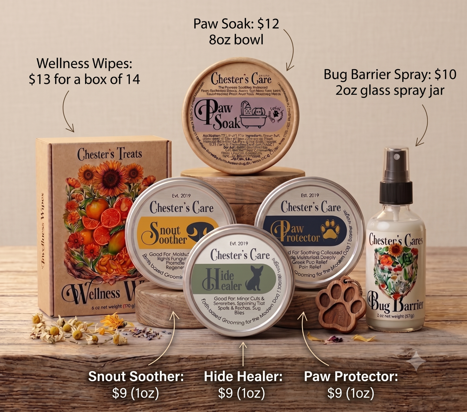 Display of pet care products including Chester's Treats, Paw Soak in a round container, Snout Soother, Hide Healer, and Paw Protector, with pricing and descriptions on a wooden surface.