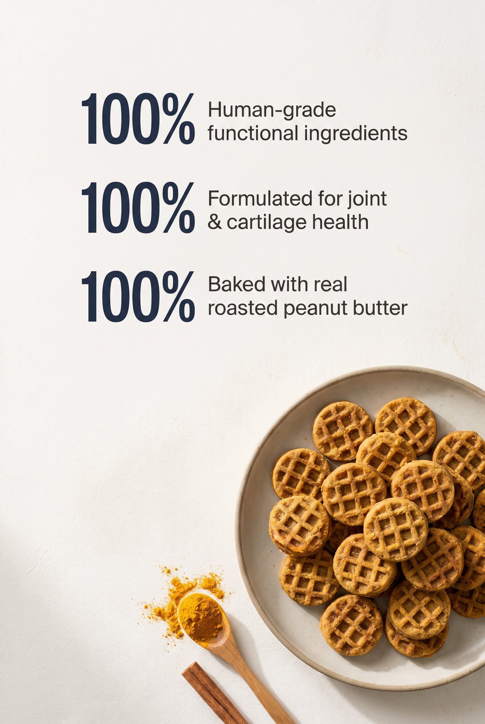 A white plate filled with round waffles on a white surface with a wooden spoon filled with turmeric powder and a cinnamon stick nearby.