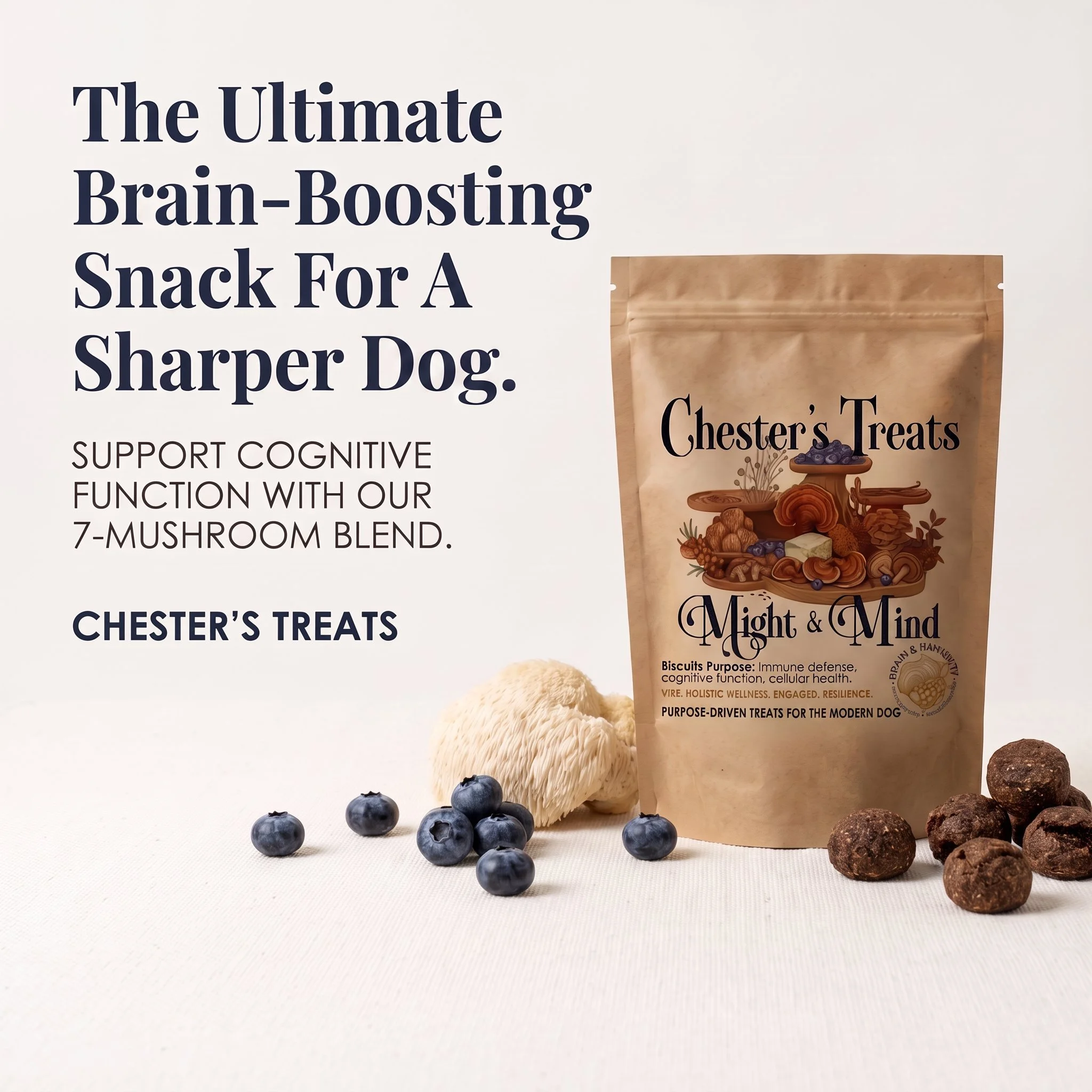 A package of Chester's Treats with blueberries, mushrooms, and dog treats arranged in front of it.