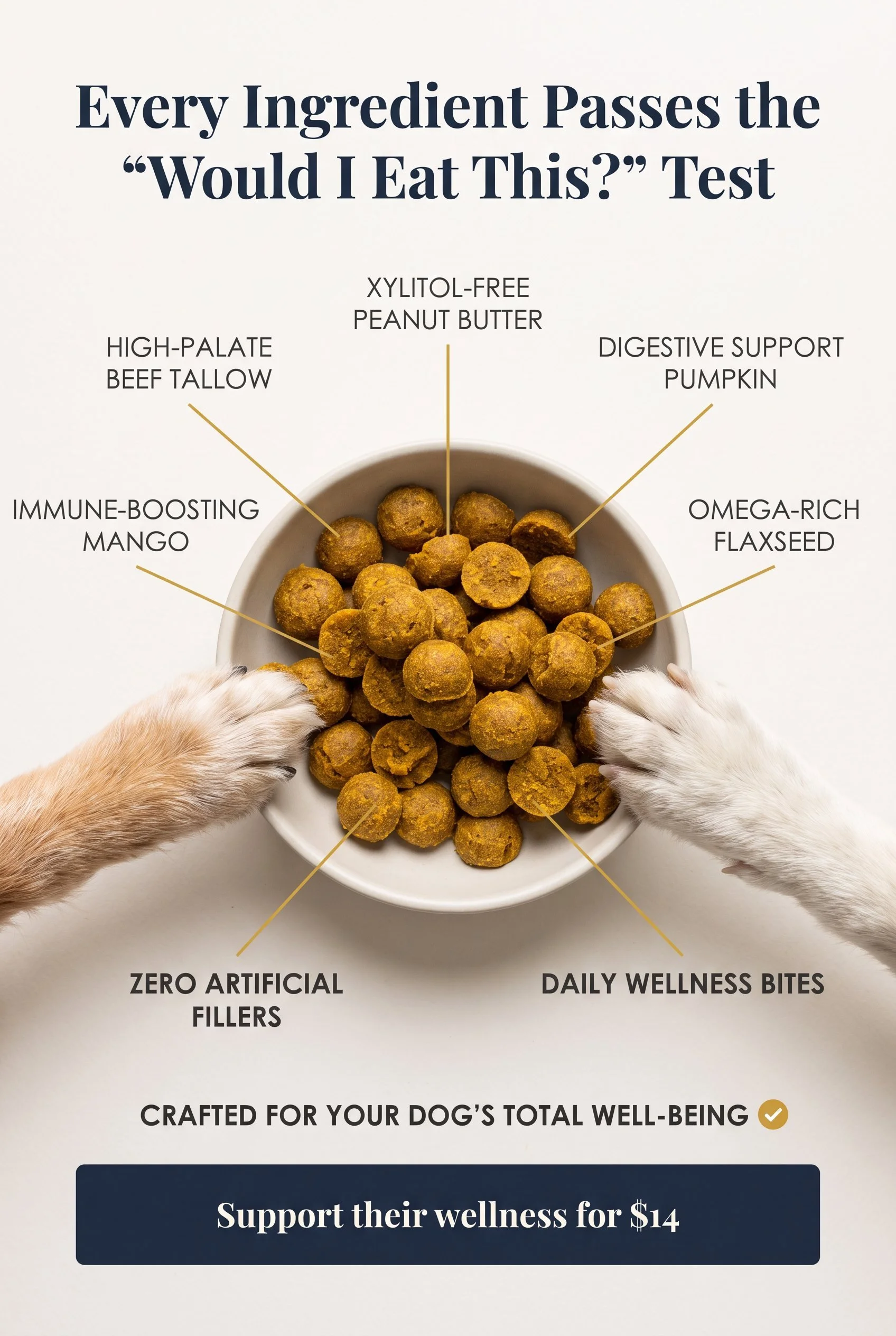 A bowl of dog wellness bites with two paws holding the bowl, promoting healthy dog treats made from natural ingredients.