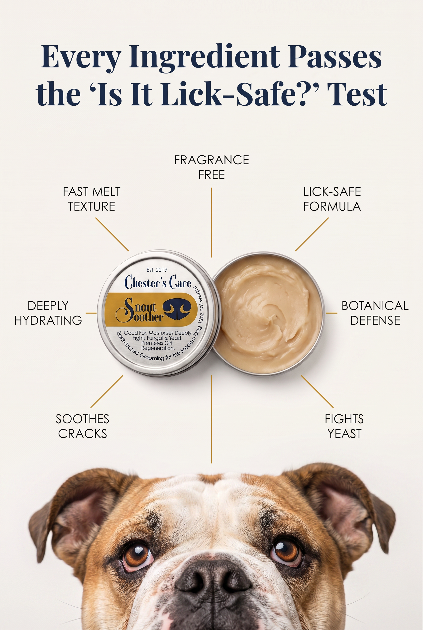 A dog with a white face, brown eyes, and a yellow-brown coat, looking directly at the camera. The image has overlayed text and labels pointing to a jar of dog grooming balm, highlighting its features such as deep hydrating, soothes cracks, fragrance-