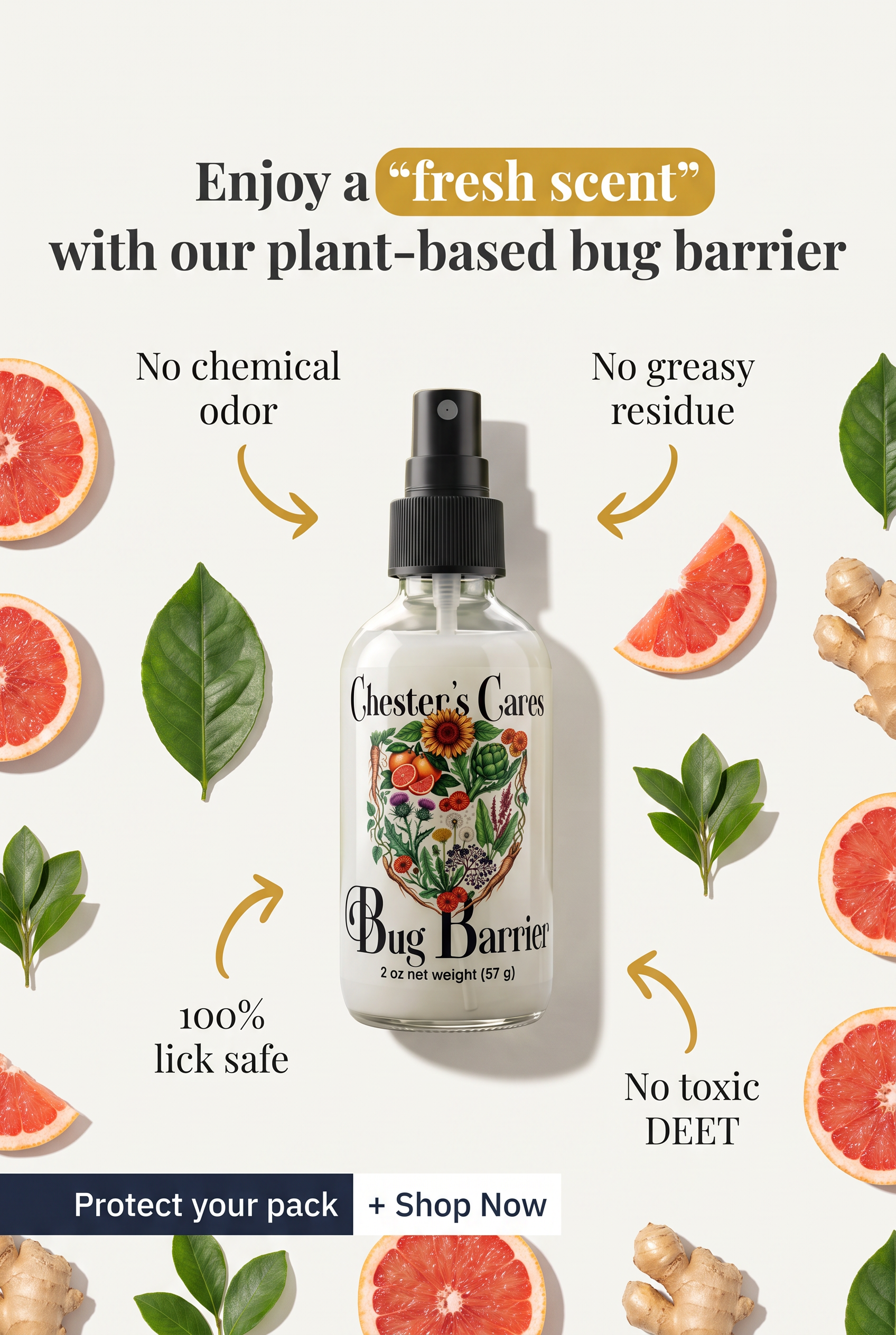 A promotional image for Chester's Cares Bug Barrier spray features citrus slices, ginger, and green leaves around a spray bottle. The text highlights natural, non-toxic, and chemical-free properties, emphasizing freshness and safety for pets.