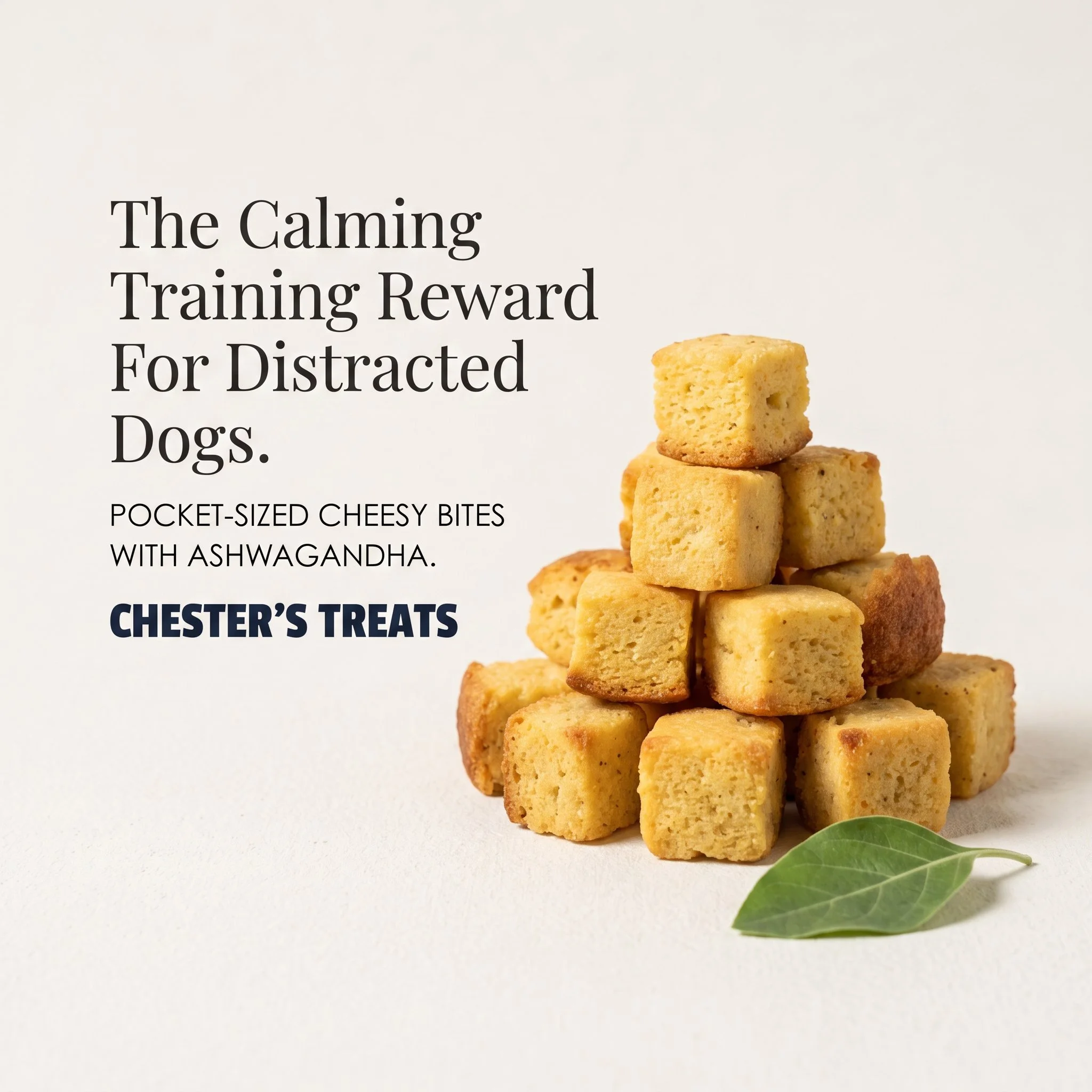 Stacked small square savory bites with ashwagandha on a white surface, green leaves nearby.