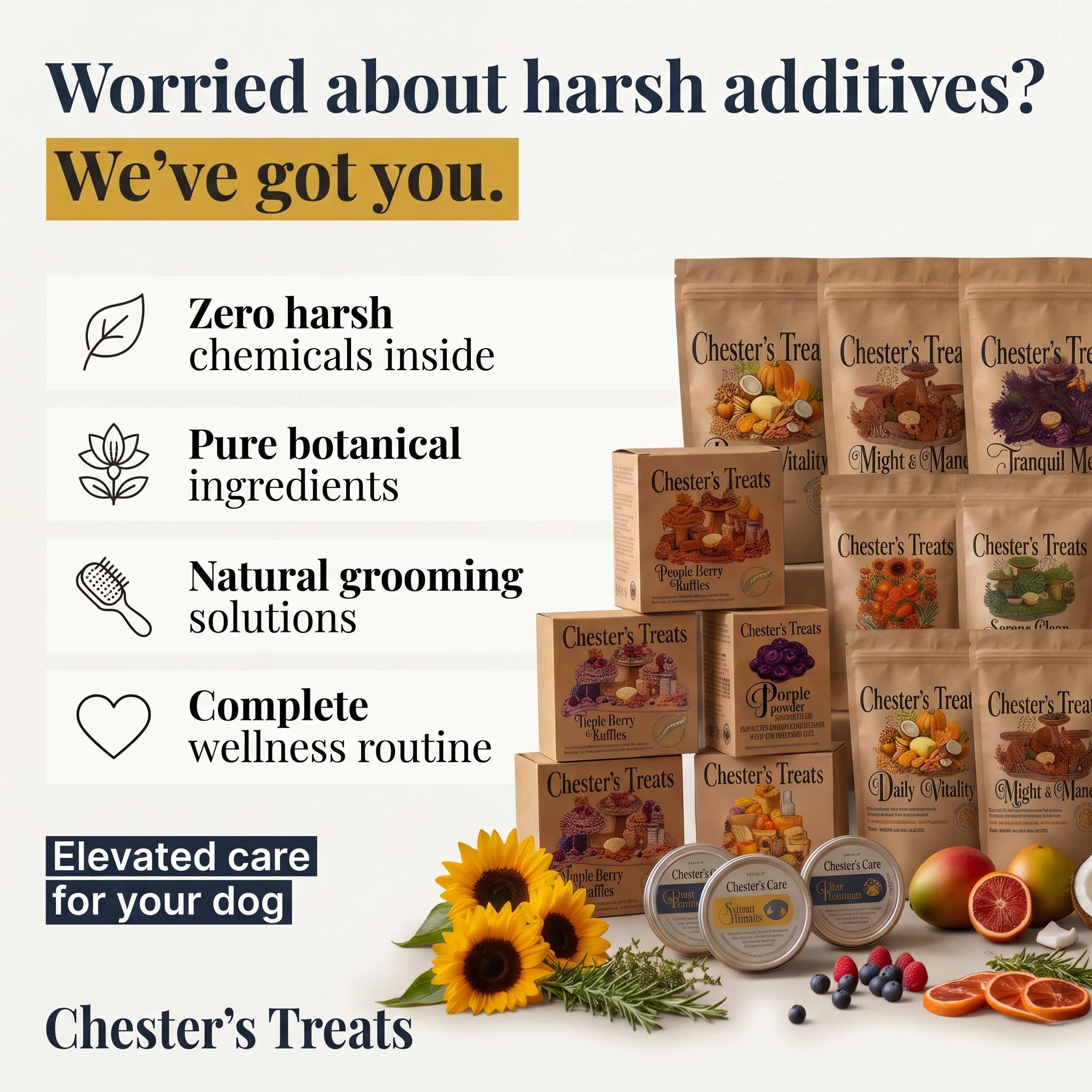 A promotional display for Chester's Treats, highlighting their natural, cruelty-free pet grooming solutions, with images of pet treat packages, fresh fruits, flowers, and wellness products.
