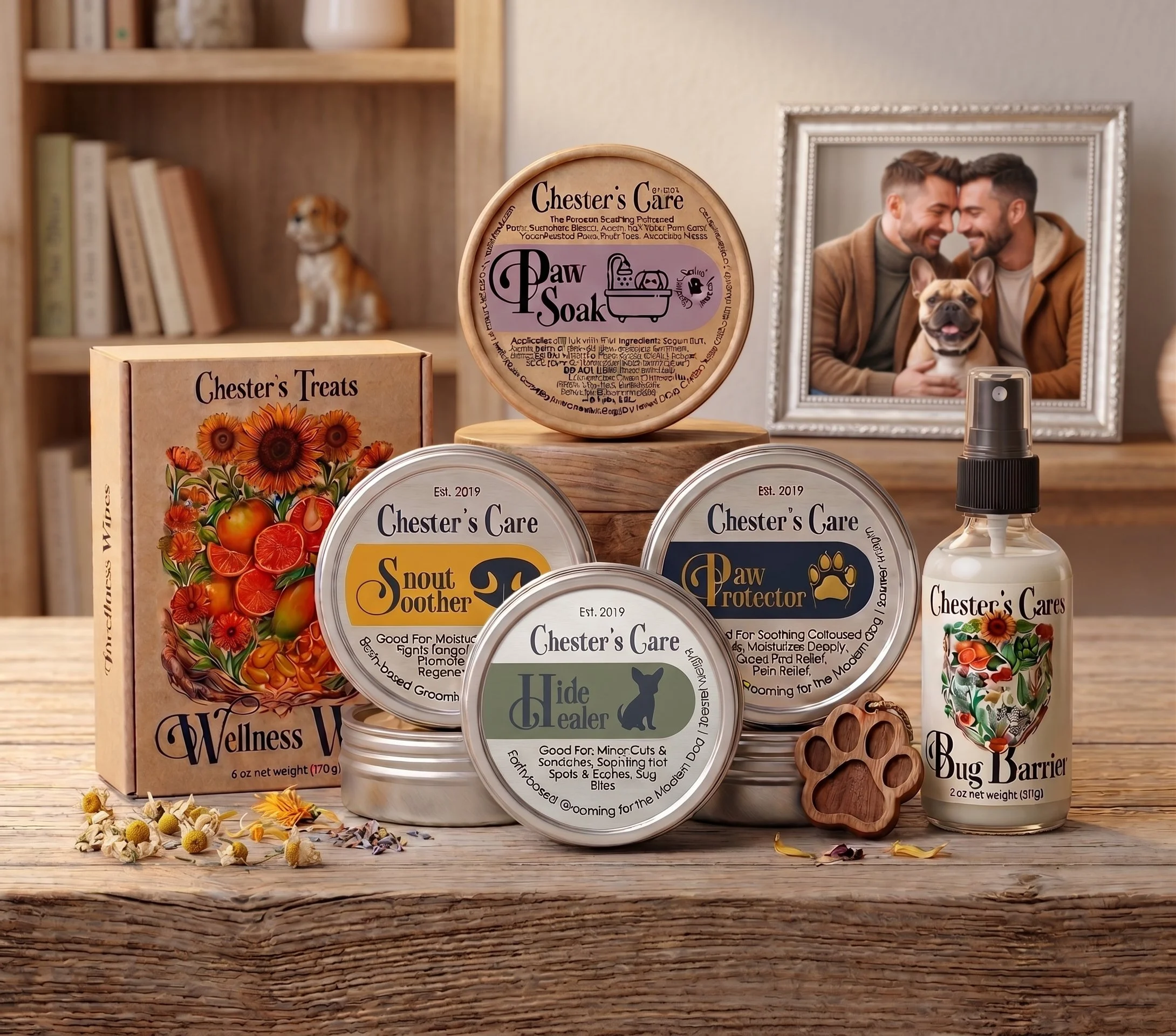 A display of pet care products on a wooden surface, including Chester's Care Paw Soak, Pet Protector, and other grooming products. In the background, a framed mirror shows two men with dark hair smiling and leaning their foreheads together, with a do