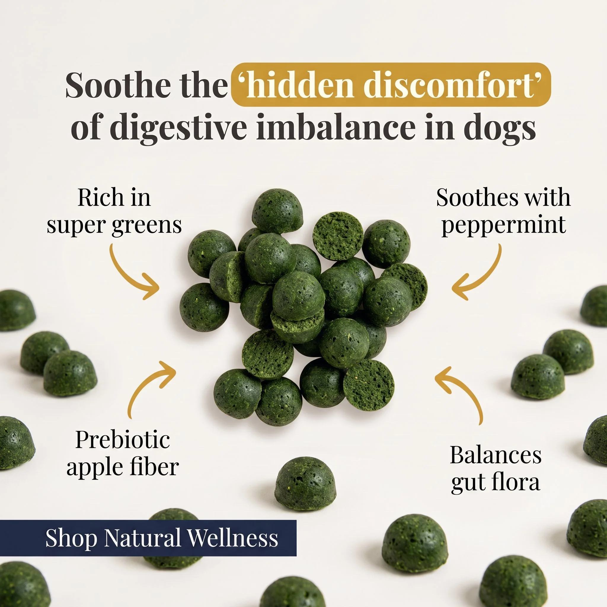 Close-up of green juniper berries with descriptive text about their benefits including soothing digestive discomfort, rich in antioxidants, prebiotic fiber, and balancing gut flora, with an overlay message promoting natural wellness.