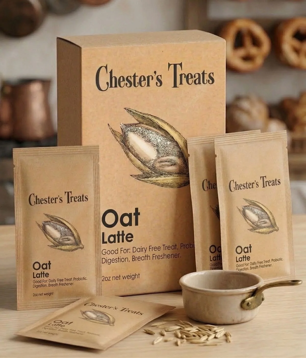 CHESTER'S OAT LATTE DOG BEVERAGE