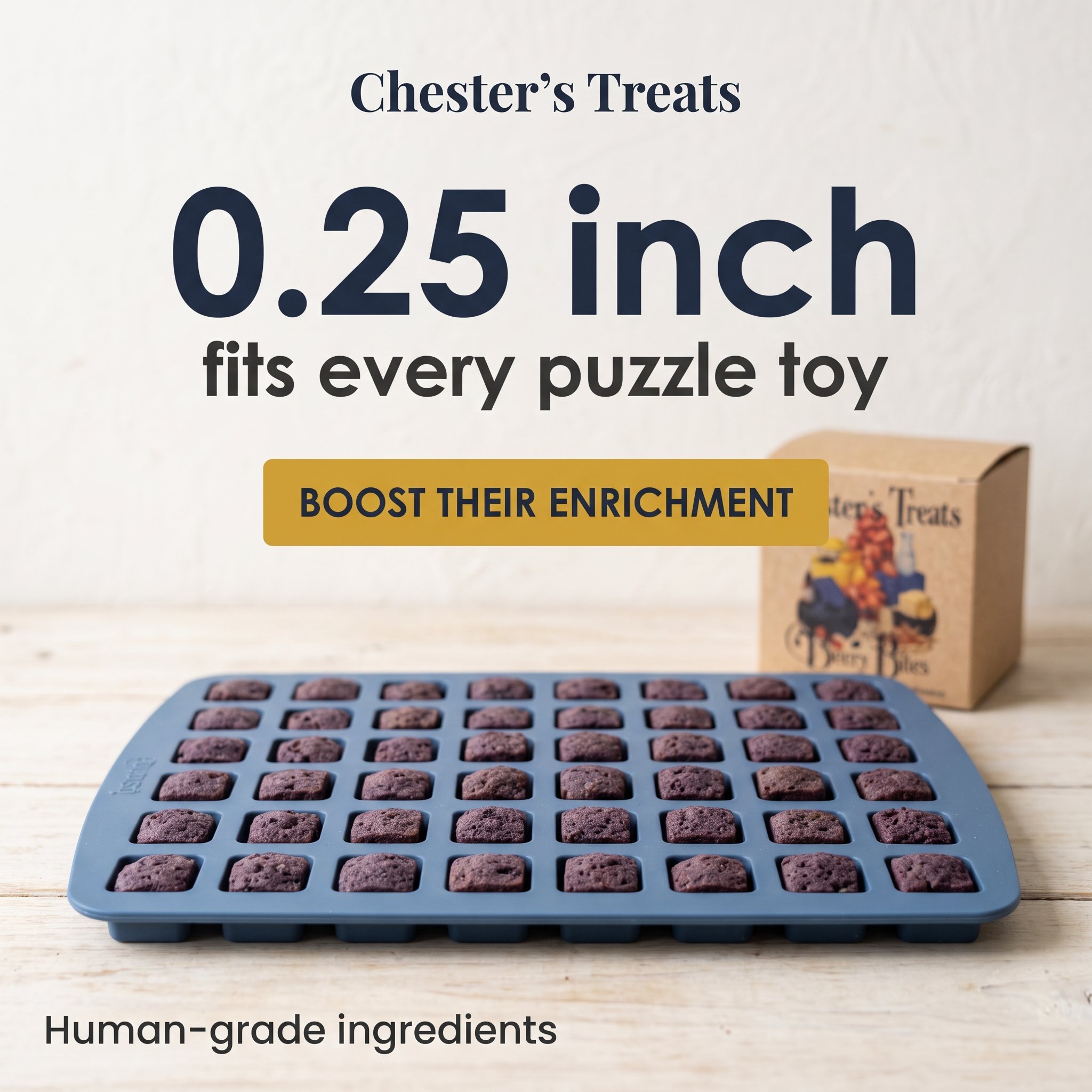 Close-up of a tray with small purple-brown brownies and a box of Chester's Treats in the background, with the text 'Chester's Treats 0.25 inch fits every puzzle toy'.