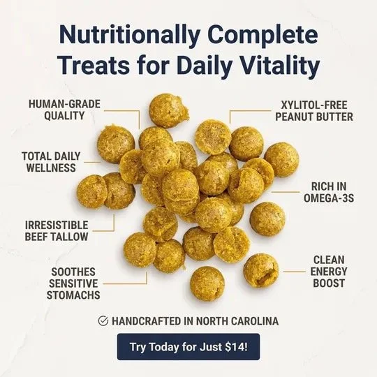 Nutritionally complete treats for daily vitality, featuring human-grade peanut butter, xylitol-free, rich in omega-3s, and crafted in North Carolina, priced at $14.