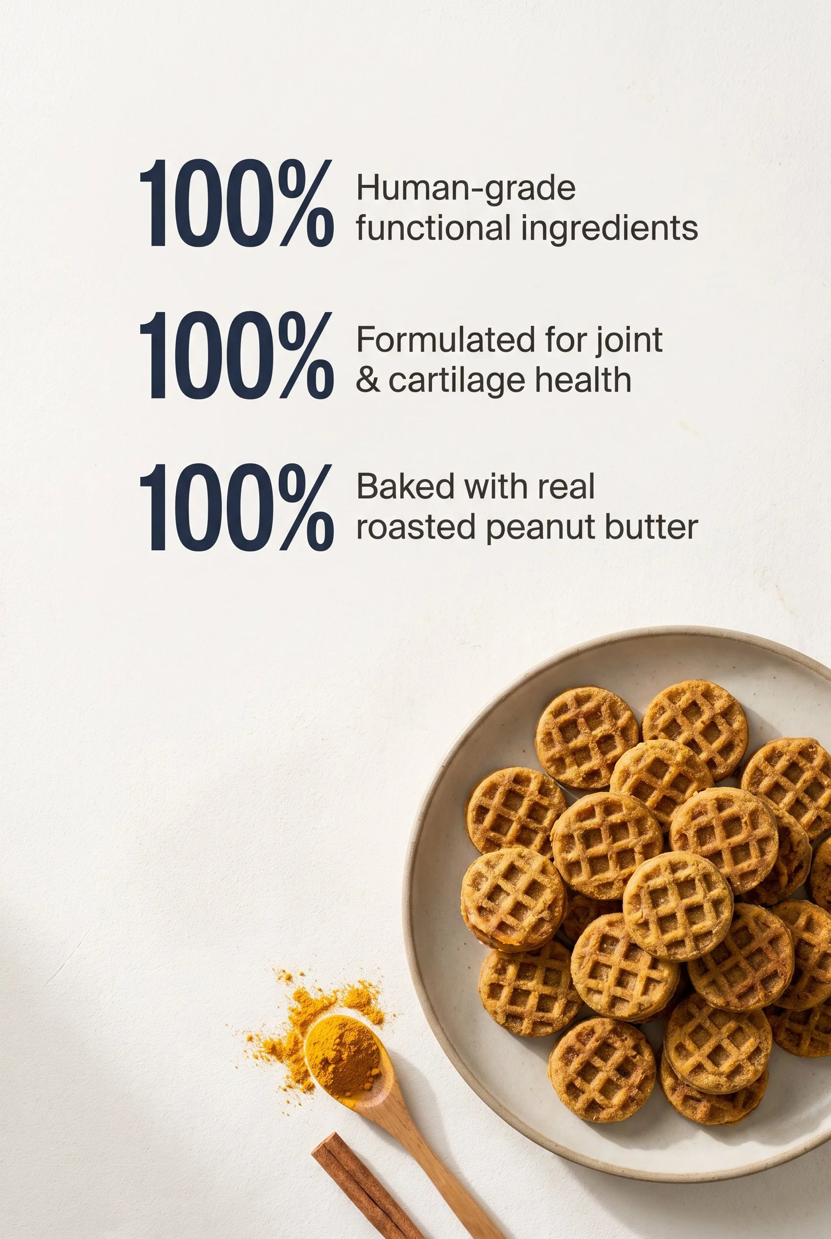 A white plate filled with small, round, honeycomb-patterned cookies on a white surface with a wooden spoon containing turmeric powder nearby.