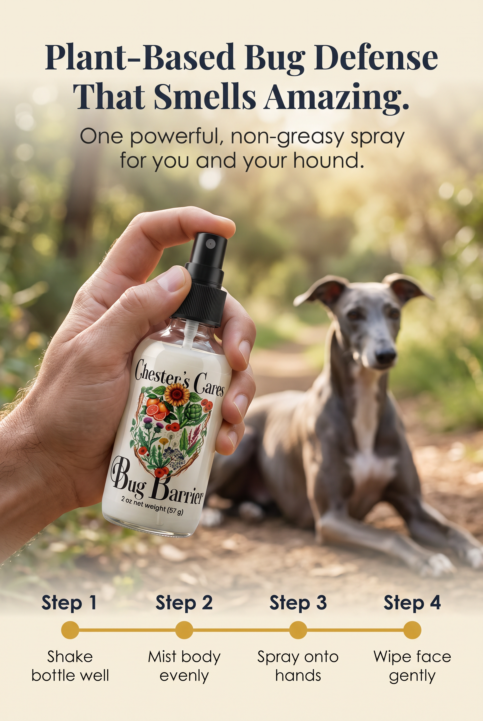 A step-by-step guide on how to use a bug barrier spray. Step 1: Shake the bottle well, Step 2: Mist body evenly, Step 3: Spray onto hands, Step 4: Wipe face gently. A hand holding a bottle labeled Chester's Cares Bug Barrier is in the foreground, and