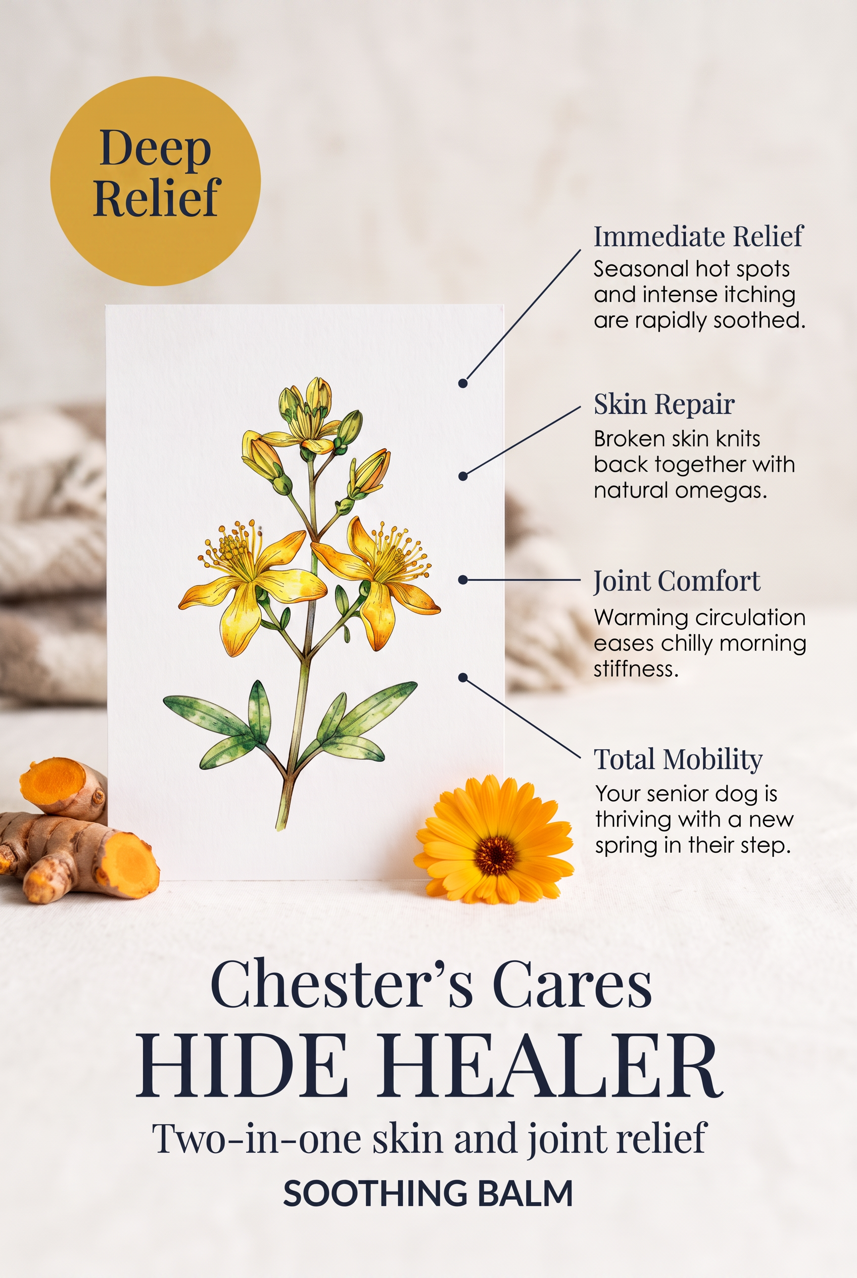 Packaging for Chester’s Cares Hide Healer, a two-in-one skin and joint relief soothing balm. The packaging features a botanical illustration of yellow flowers and information about the product's benefits, including deep relief, immediate relief, skin