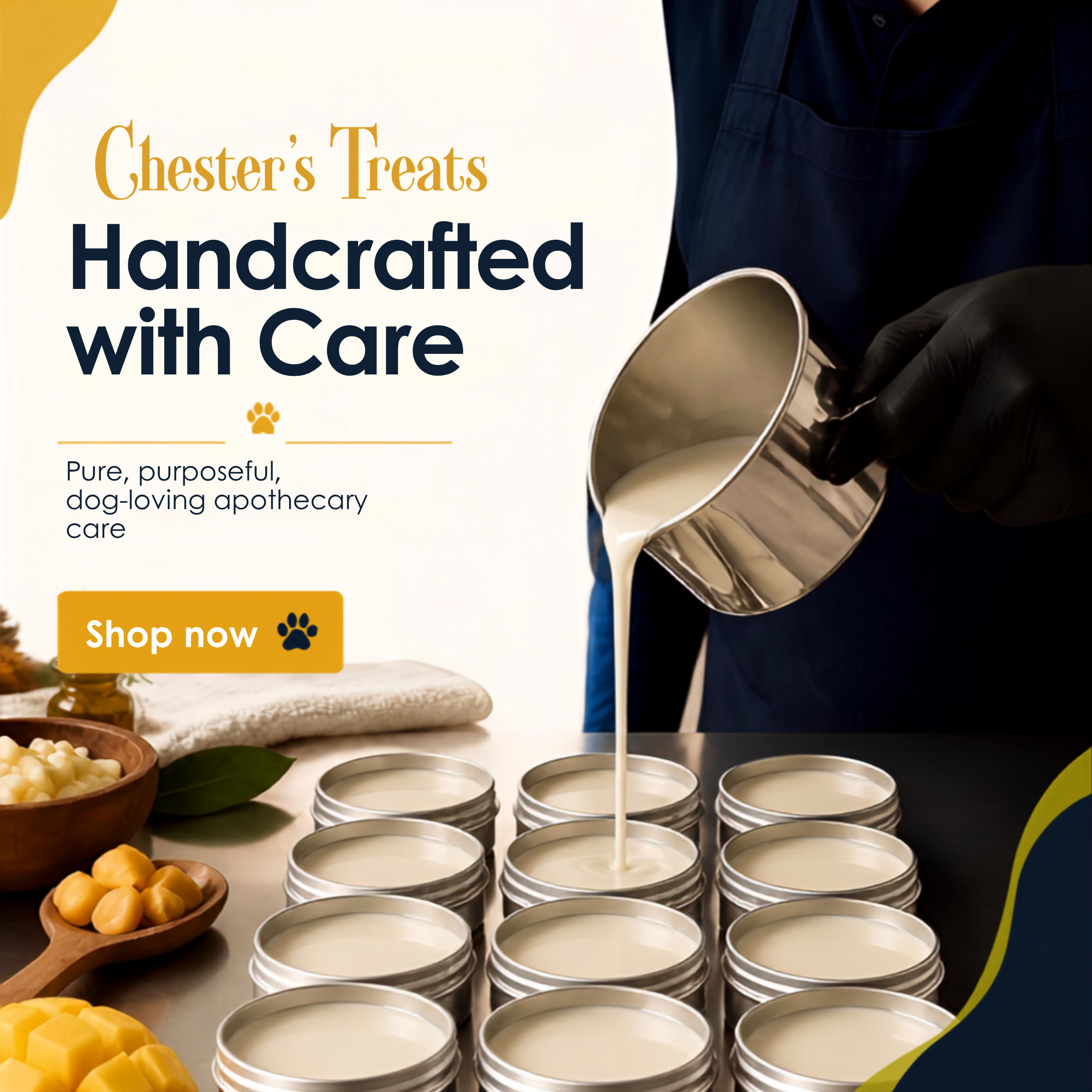 A person filling metal cans with a creamy substance, surrounded by bowls of diced yellow fruit and other ingredients, on a white surface.