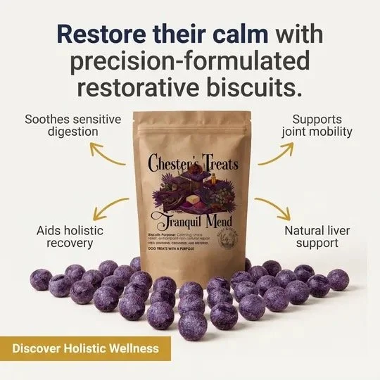 Bag of Chester's Treats Tranquil Mint restorative biscuits surrounded by purple morsels, with text highlighting their benefits for digestion, joint mobility, recovery, and liver support.