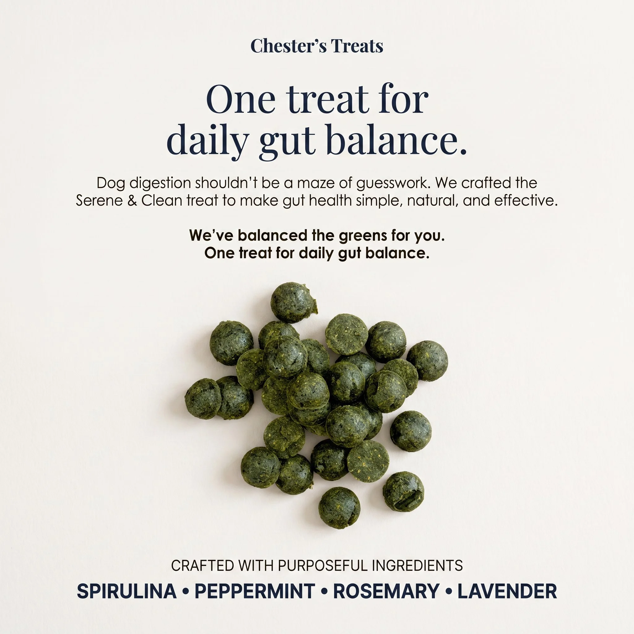 Text and a cluster of greenish-gray herbal treats on a white background. The text promotes a dog treat brand called Chester’s Treats, emphasizing health benefits of their natural, simple ingredients like spirulina, peppermint, rosemary, and lavender.