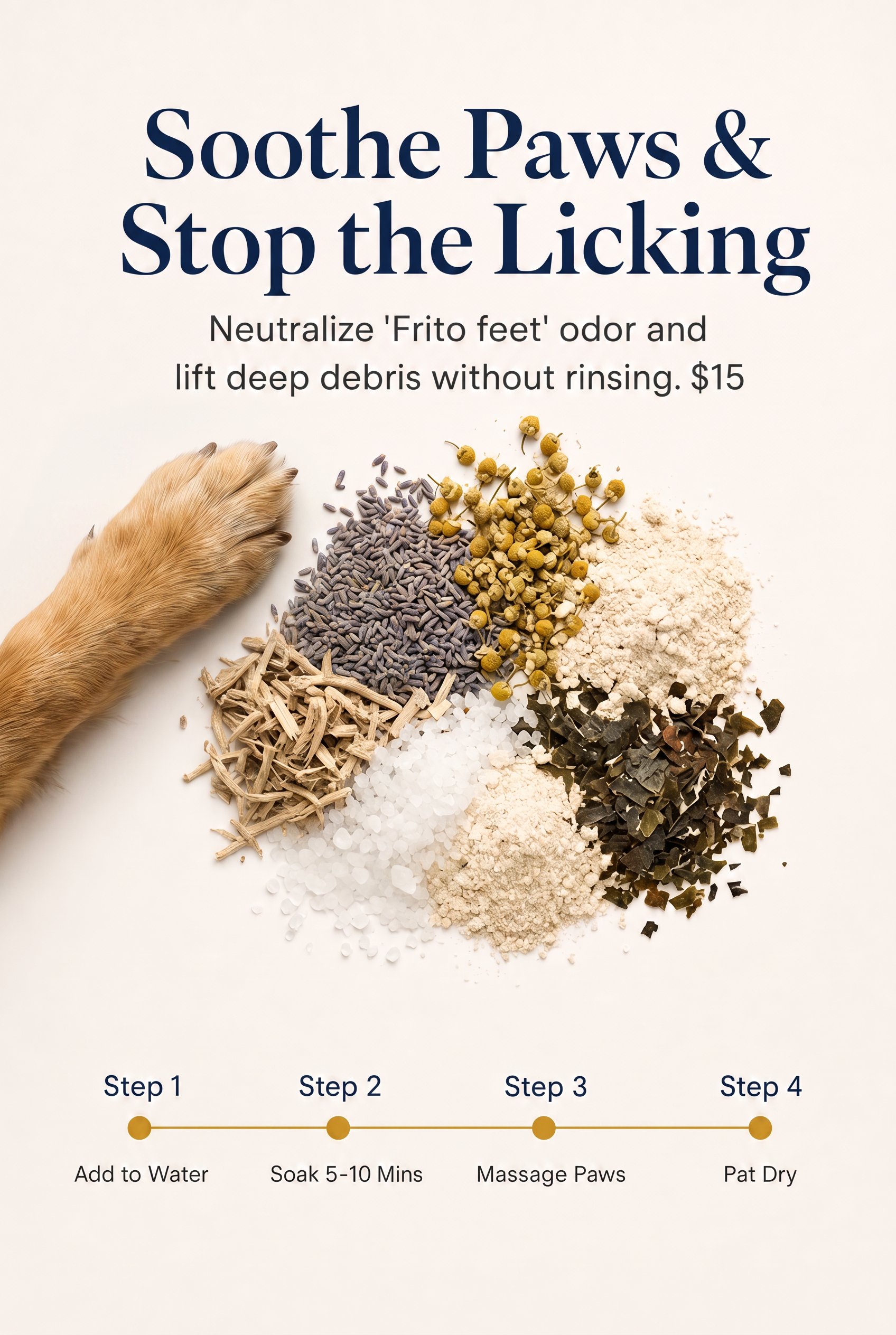 Instructions for a pet care process with an image of a dog paw and various ingredients. Steps include adding water, soaking for 5-10 minutes, massaging paws, and patting dry.