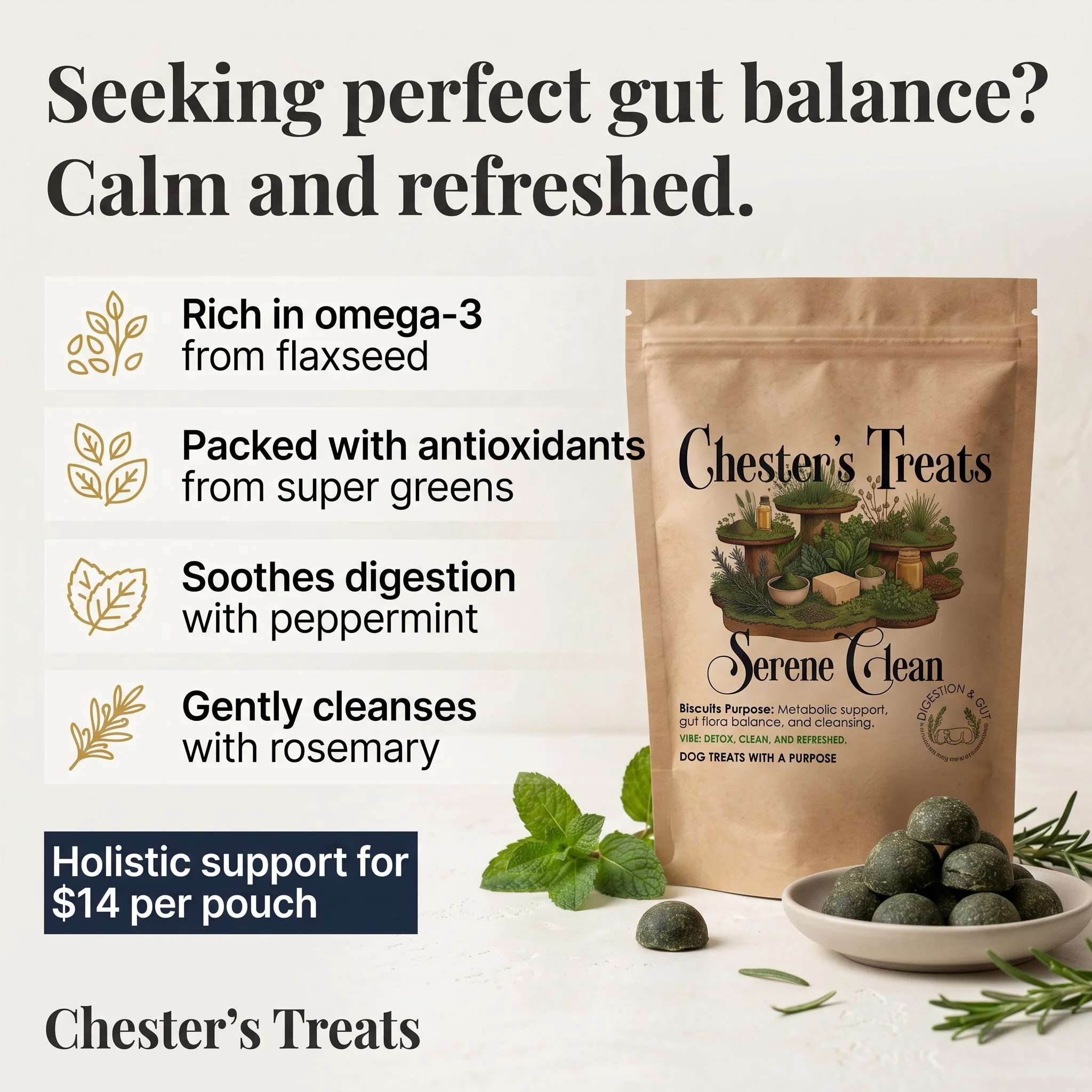 Advertisement for Chester's Treats with a beige paper bag featuring text about gut health benefits, alongside a white bowl of green and black treats, fresh herbs, and black stones on a white surface.
