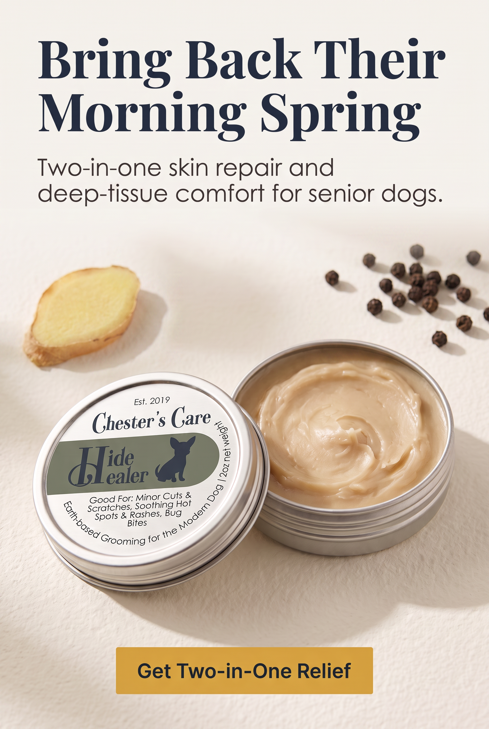A promotional flyer for Chester's Care, a dermatological product for dogs, featuring a container of the product, a piece of ginger, and black peppercorns on a white background. The flyer includes bold text urging viewers to bring back their dog's spr