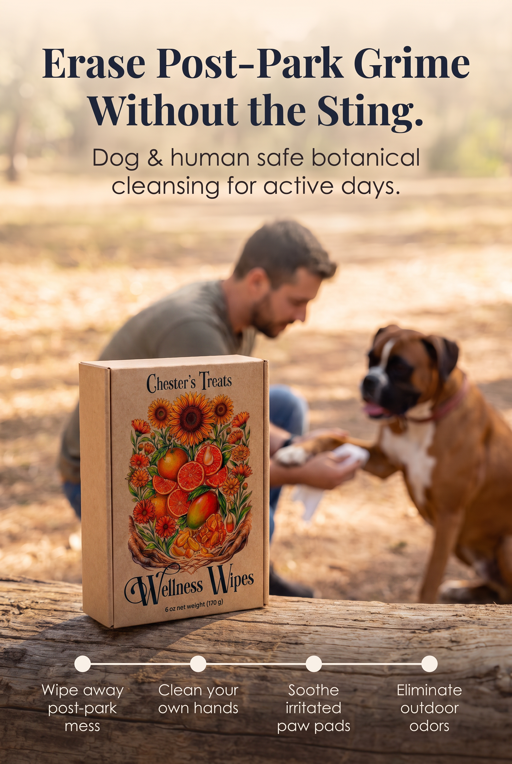 A person kneeling next to a large dog outdoors, with a box of Wellness Wipes in the foreground. The wipes are labeled as a dog and human safe botanical cleansing product for active days. The background shows a park-like setting with trees and sunligh