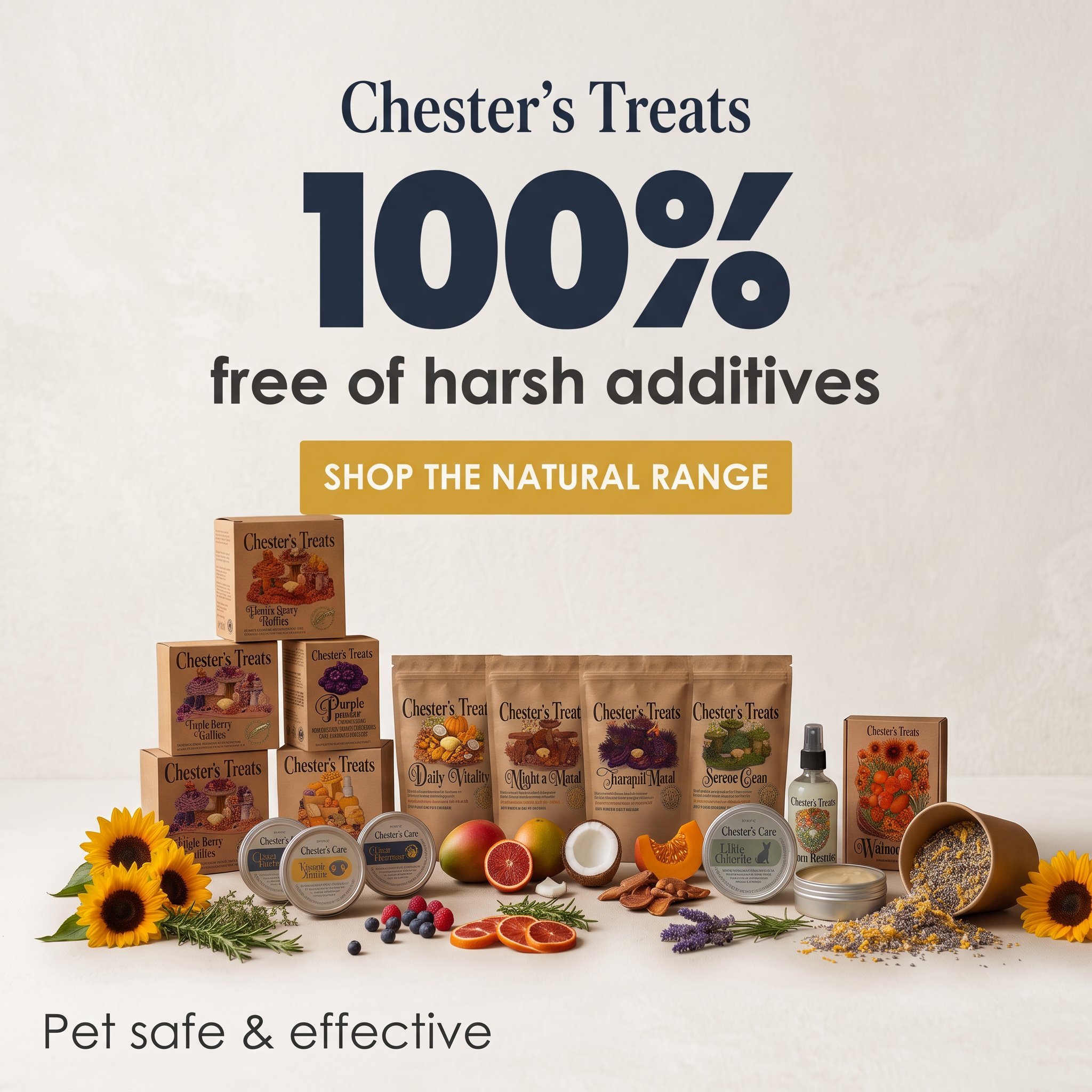Display of Chester's Treats pet treats including multiple boxes and tins, surrounded by fresh fruits, flowers, and decorative elements. The scene emphasizes pet safety and effectiveness.