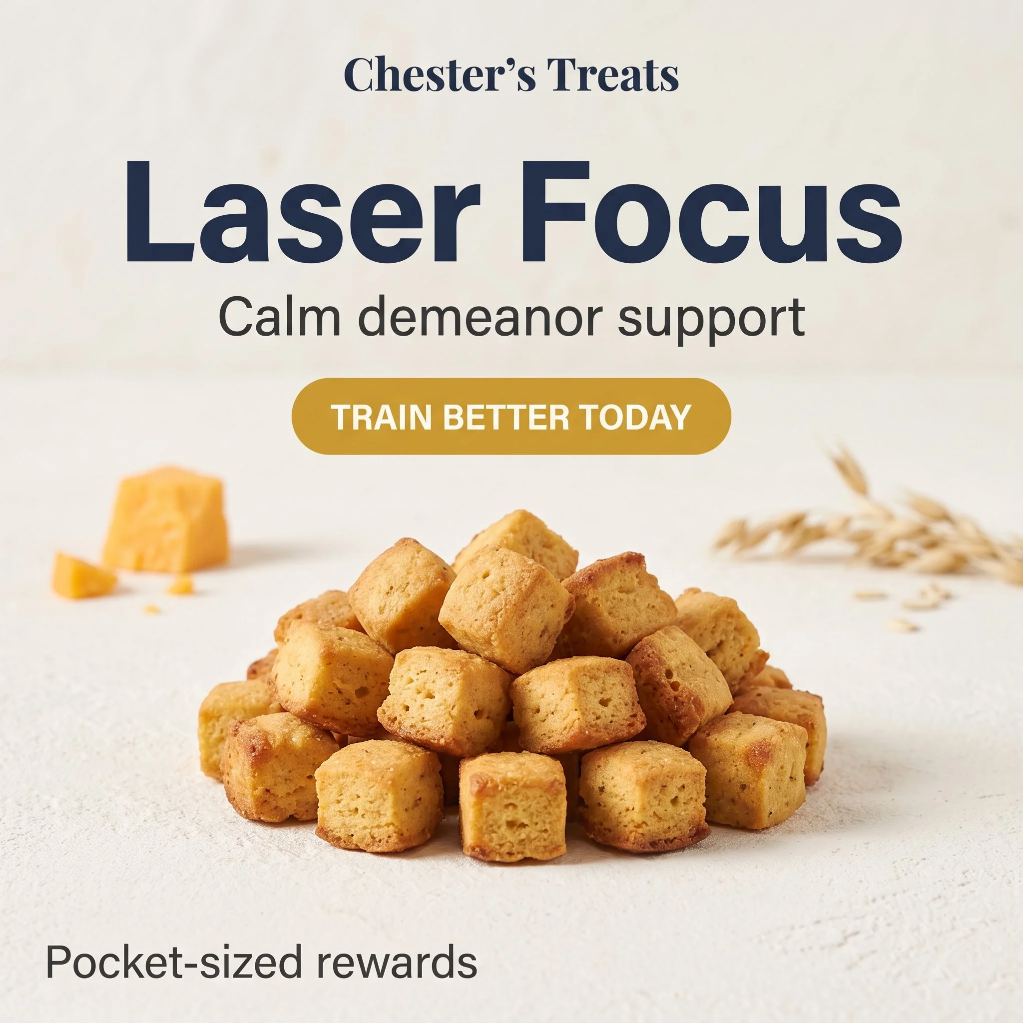 Close-up of a pile of small, golden-brown, cubed cookies on a white surface with some scattered oats in the background. Text overlaid on the image reads 'Chester's Treats', 'Laser Focus', 'Calm demeanor support', 'Train Better Today'.