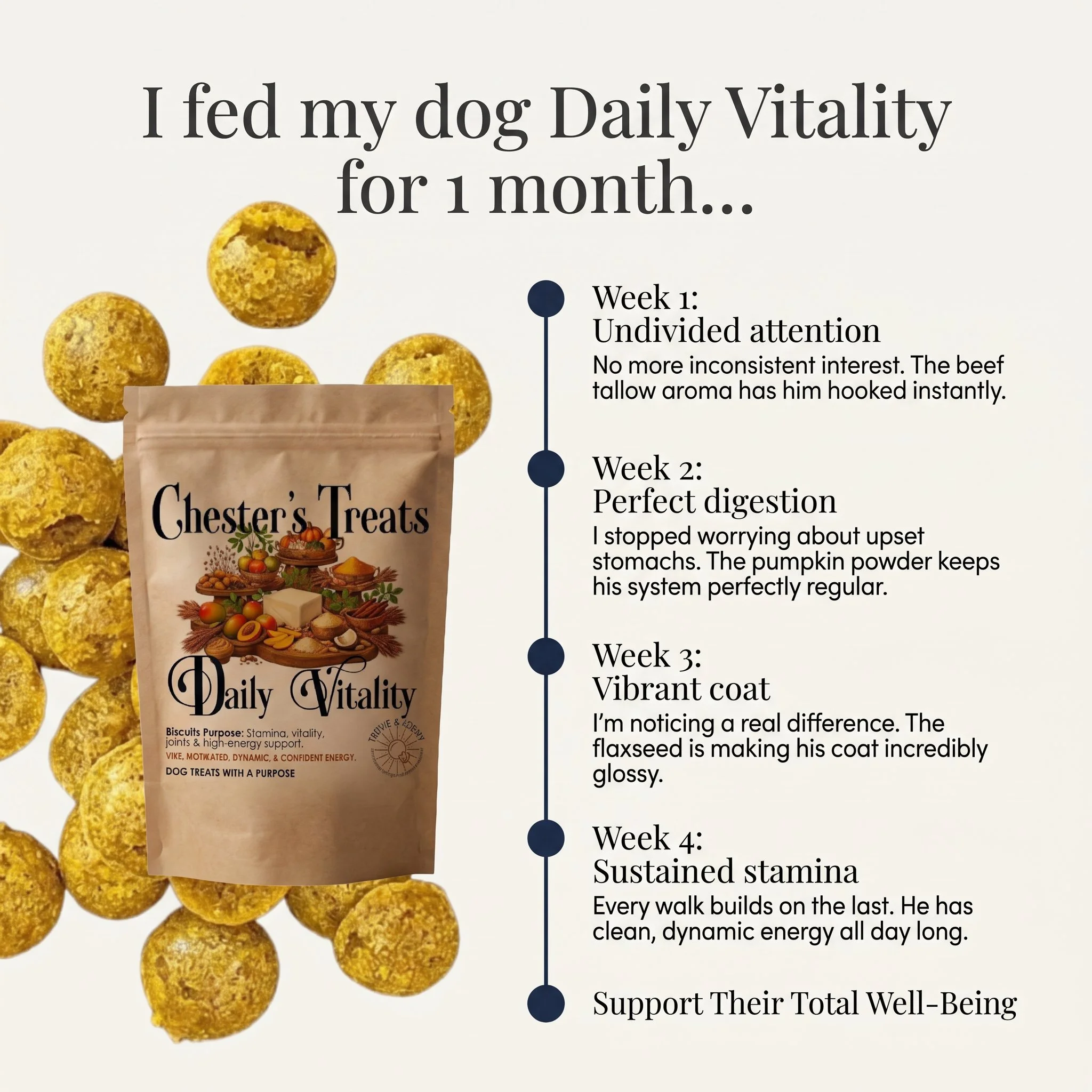A promotional infographic for Chester’s Treats dog biscuits, showing a package of biscuits surrounded by yellow, textured dog treats and text outlining a four-week health and vitality plan.