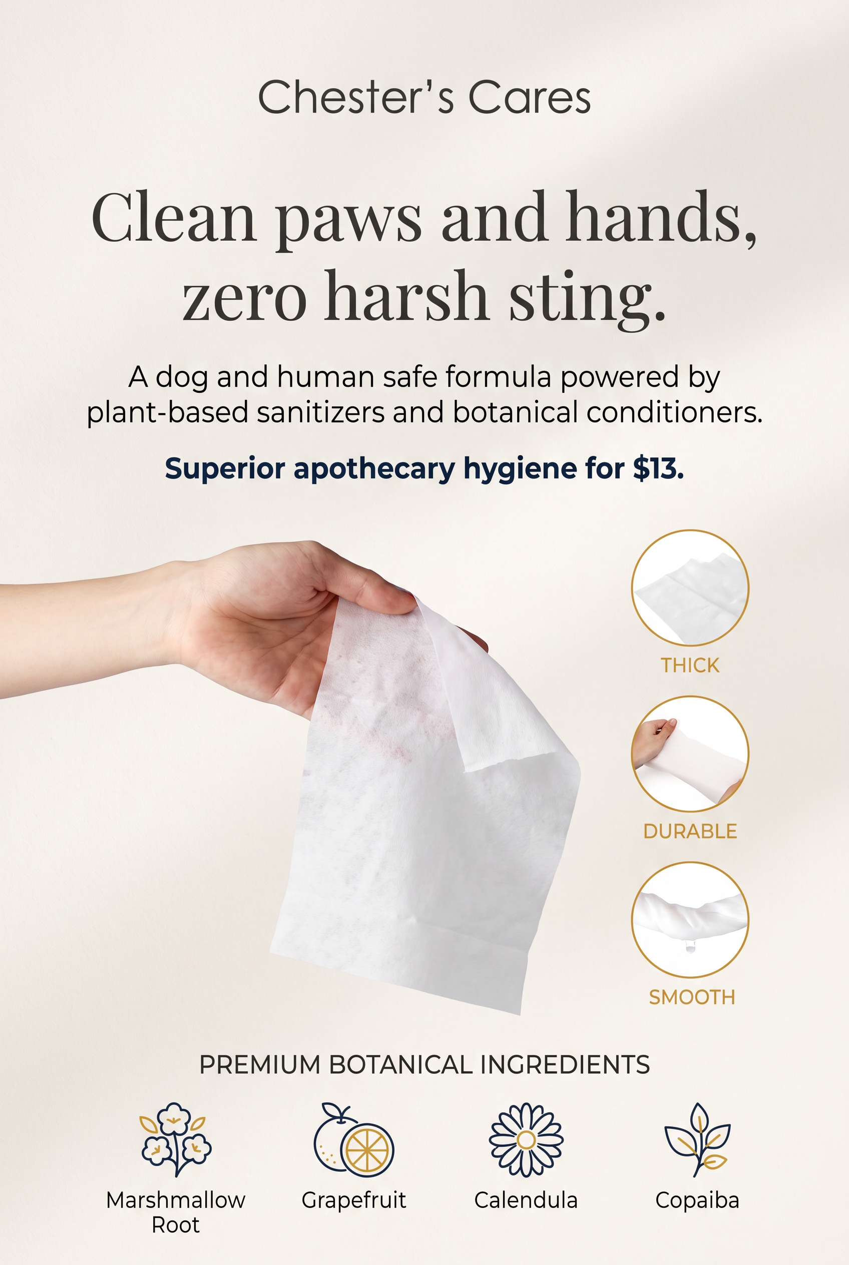 A promotional image for Chester's Cares, highlighting a natural product for pet hygiene that emphasizes clean paws and hands, zero harsh sting, and includes features like thick, durable, and smooth tissue paper. The image shows a hand pulling a sheet