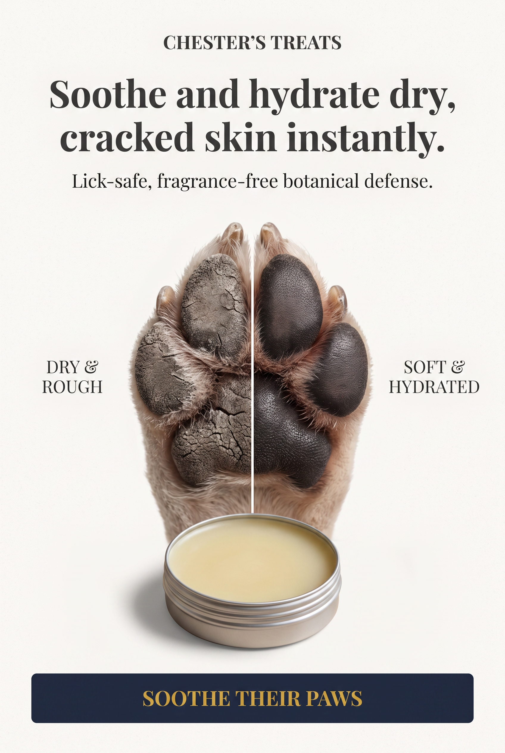 A promotional poster for Chester’s Treats featuring a split image of a paw, showing rough and cracked on the left side and soft and hydrated on the right side, with a cream-colored balm in a silver container at the bottom. The text emphasizes soothin