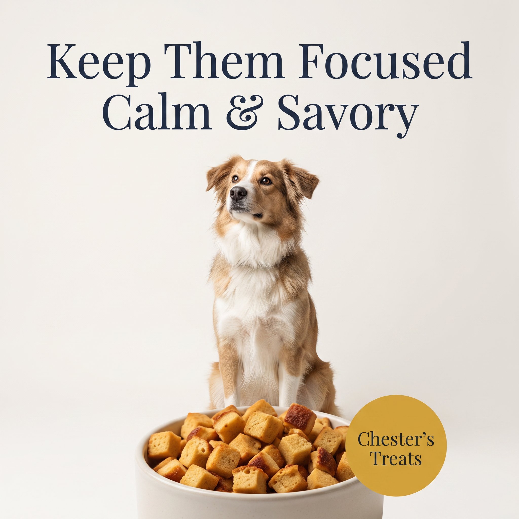 Text on a white background reading, 'Keep Them Focused Calm & Savory,' with a photo of a dog looking up above a bowl of cheese crackers, and a gold circle with the text 'Chester's Treats' in the lower right corner.