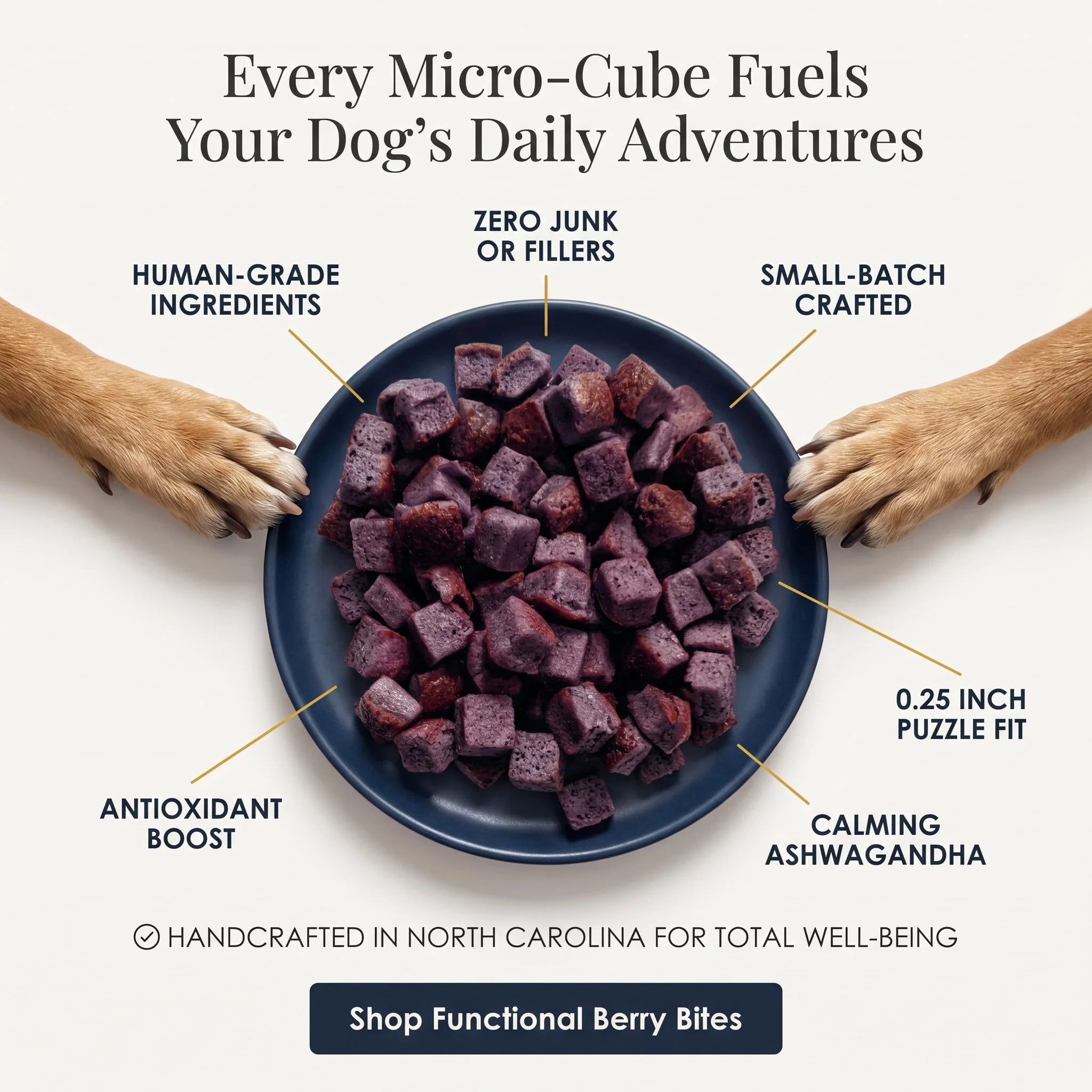 A bowl of purple micro-cube dog food, with text highlighting features like zero junk or fillers, human-grade ingredients, small-batch crafted, antioxidant boost, calming ashwagandha, and handcrafted in North Carolina.