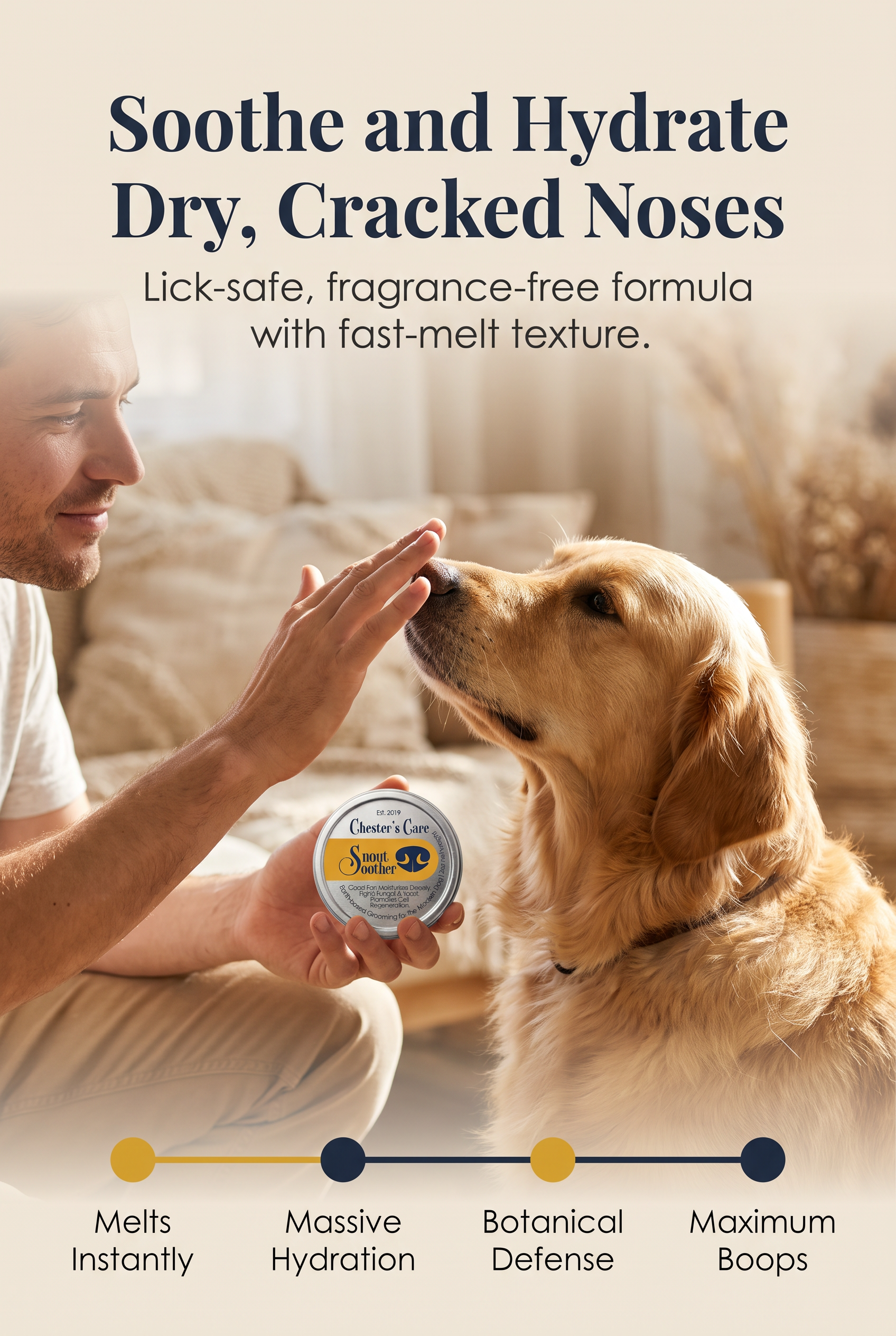 A man with short brown hair and a beard pets a golden retriever dog. The man is holding a round container of Chester's Care Snout Soother while the dog looks at him. The background is a cozy living room with beige tones.