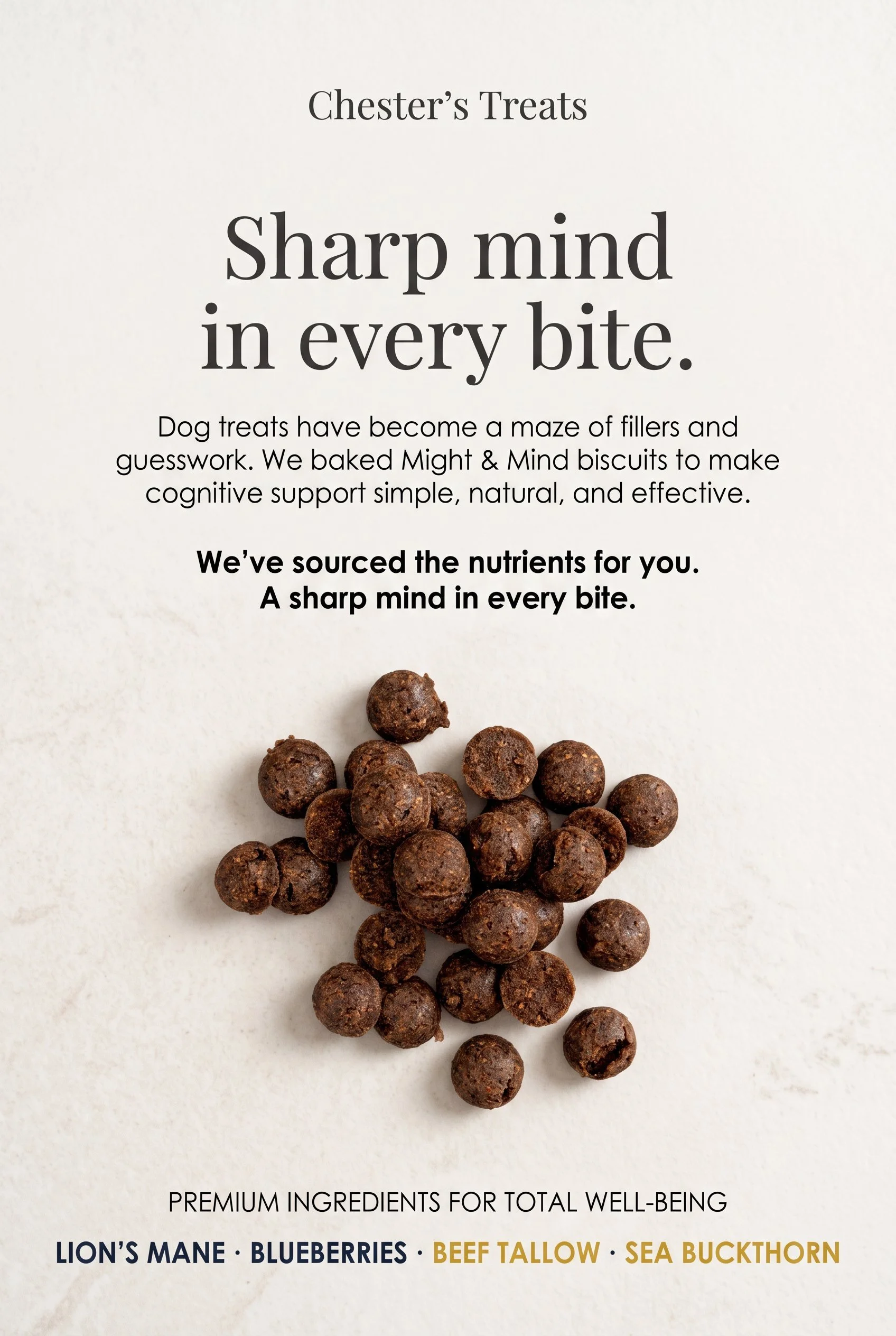 Close-up of a cluster of small, round, dark brown dog treats on a light surface, with text promoting the treats and their natural ingredients such as Lion's Mane, blueberries, beef tallow, and sea buckthorn.