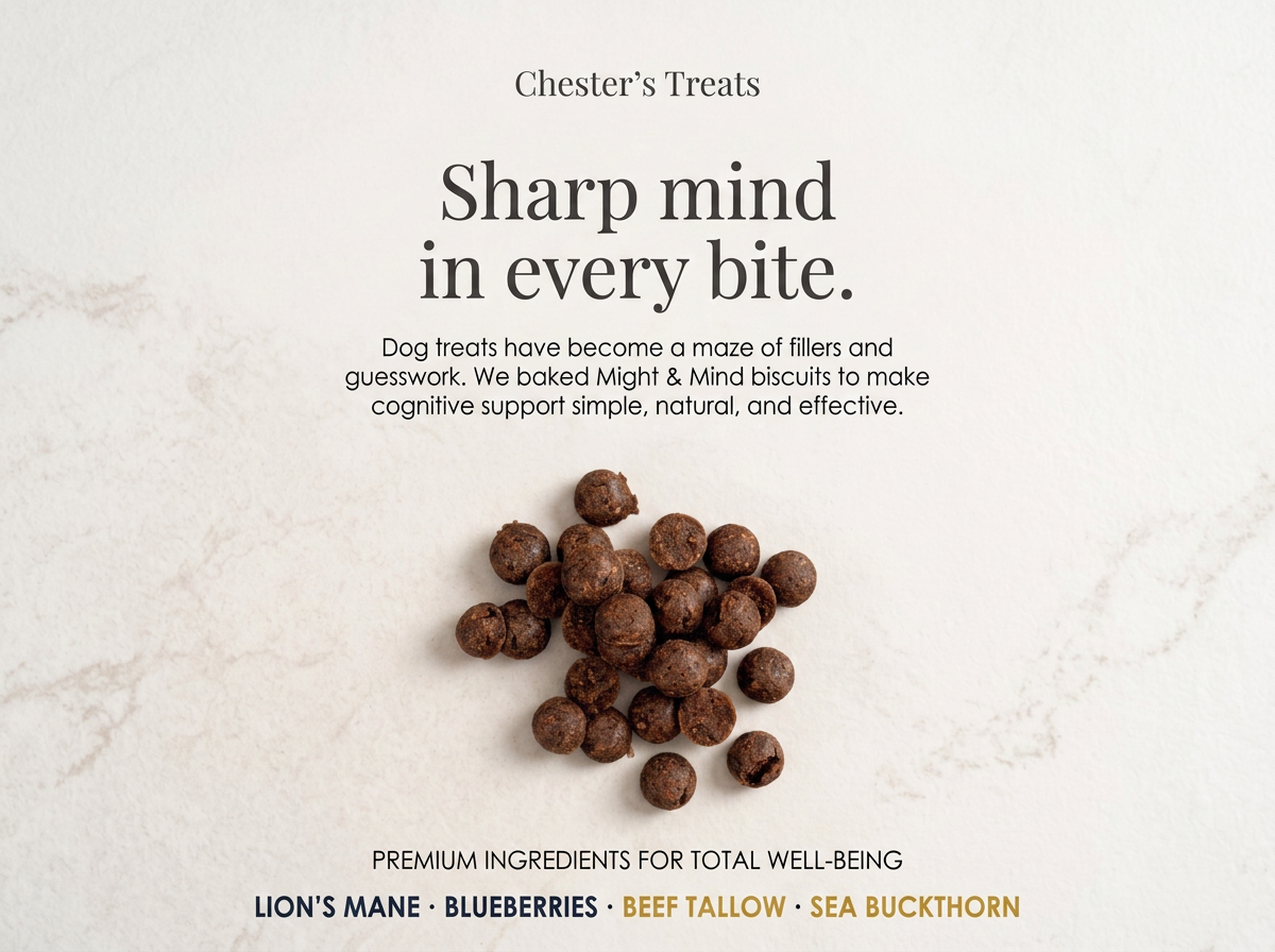 Package of Chester's Treats with a cluster of brown dog biscuits on a light background, featuring text about cognitive support and key ingredients like beef tallow and sea buckthorn.