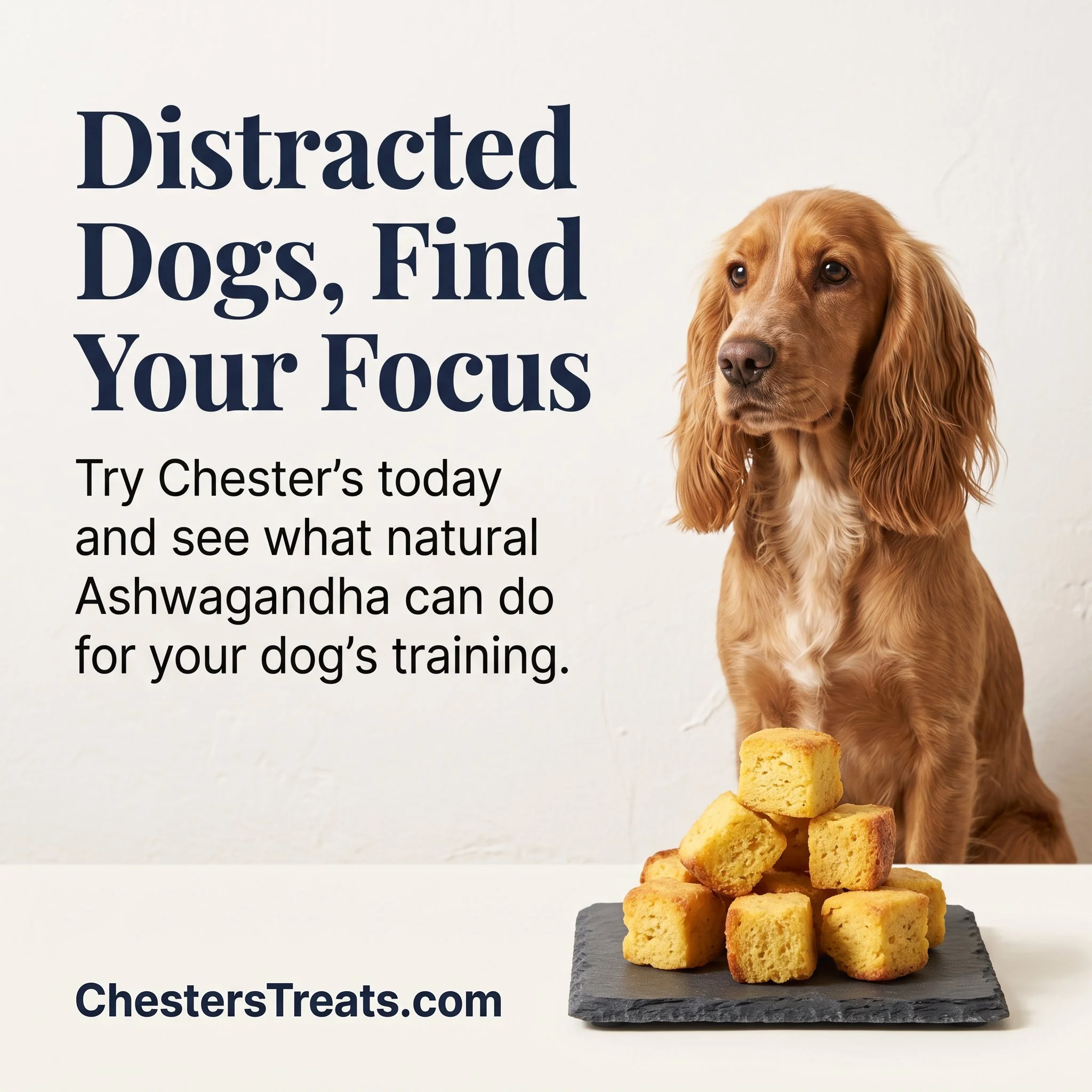 A stack of yellow cornbread pieces on a black slate serving board in front of promotional text about dogs and natural treats, with a golden retriever puppy and dog treat crumbs in the background.