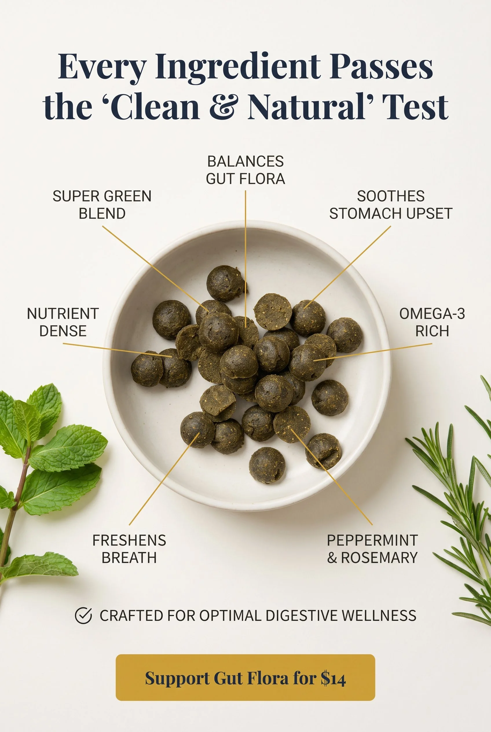 A bowl of round, dark-colored supplement pills. Surrounding the bowl are various fresh herbs, including mint and rosemary. Text describes the benefits of the supplement, emphasizing the importance of ingredients passing the 'Clean & Natural' test, ba