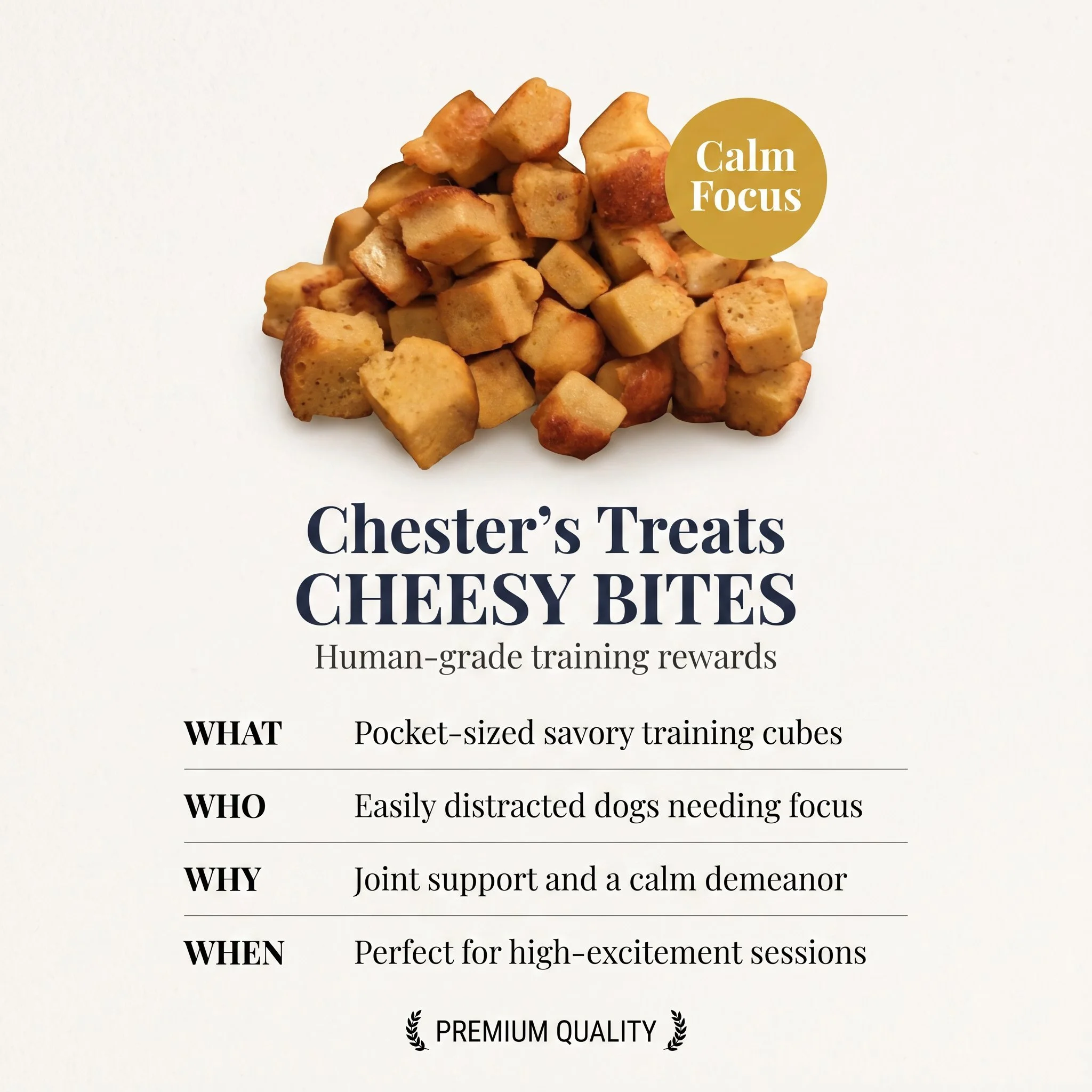 A pile of small, golden-brown, cubed dog treats with text overlay that reads "Calm Focus" in a gold circle. Part of a promotional page about Chester's Treats, featuring sections titled "WHAT," "WHO," and "WHEN," describing the treats as human-grade t