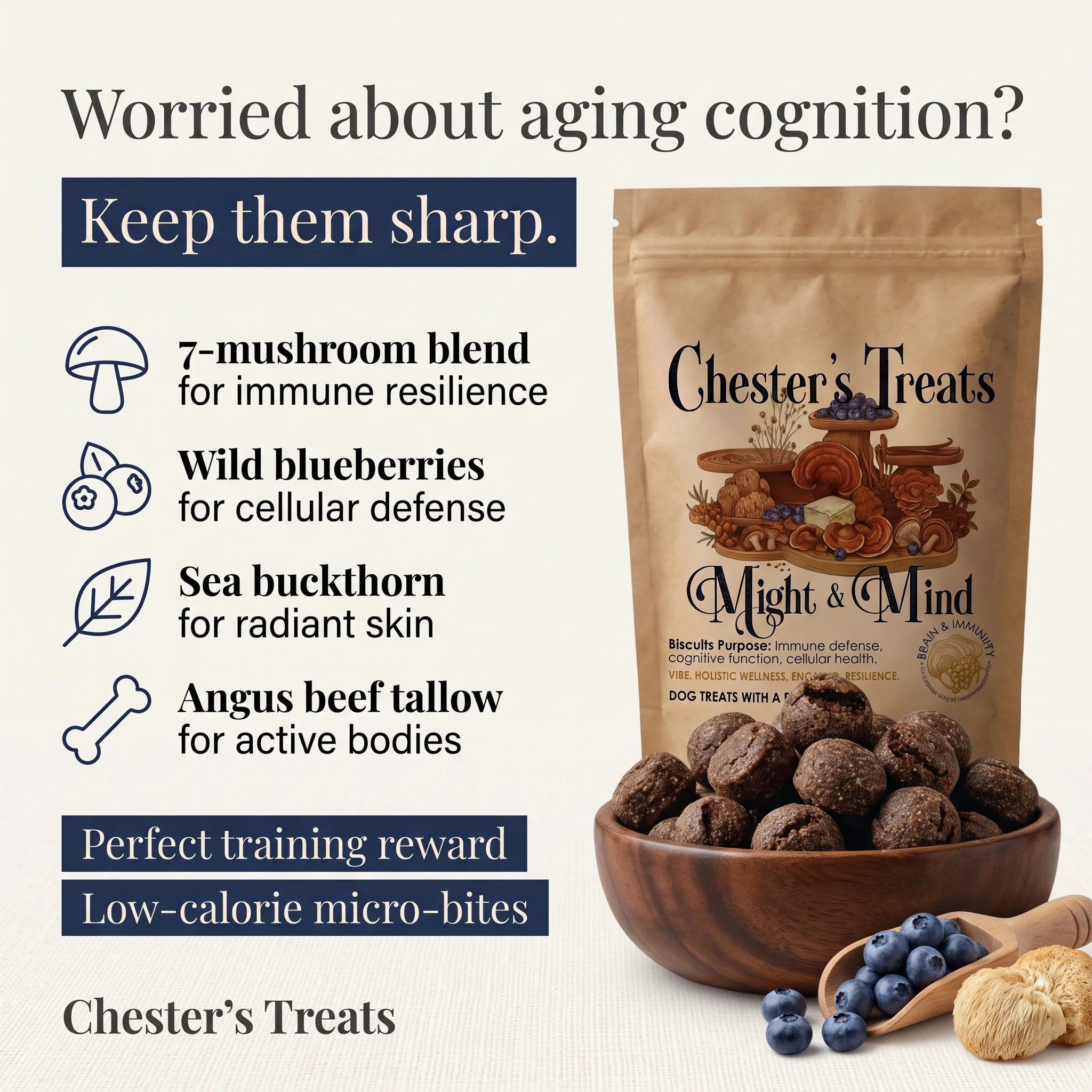 Advertisement for Chester’s Treats featuring a package of mushroom blend dog treats, blueberries, and cookies.
