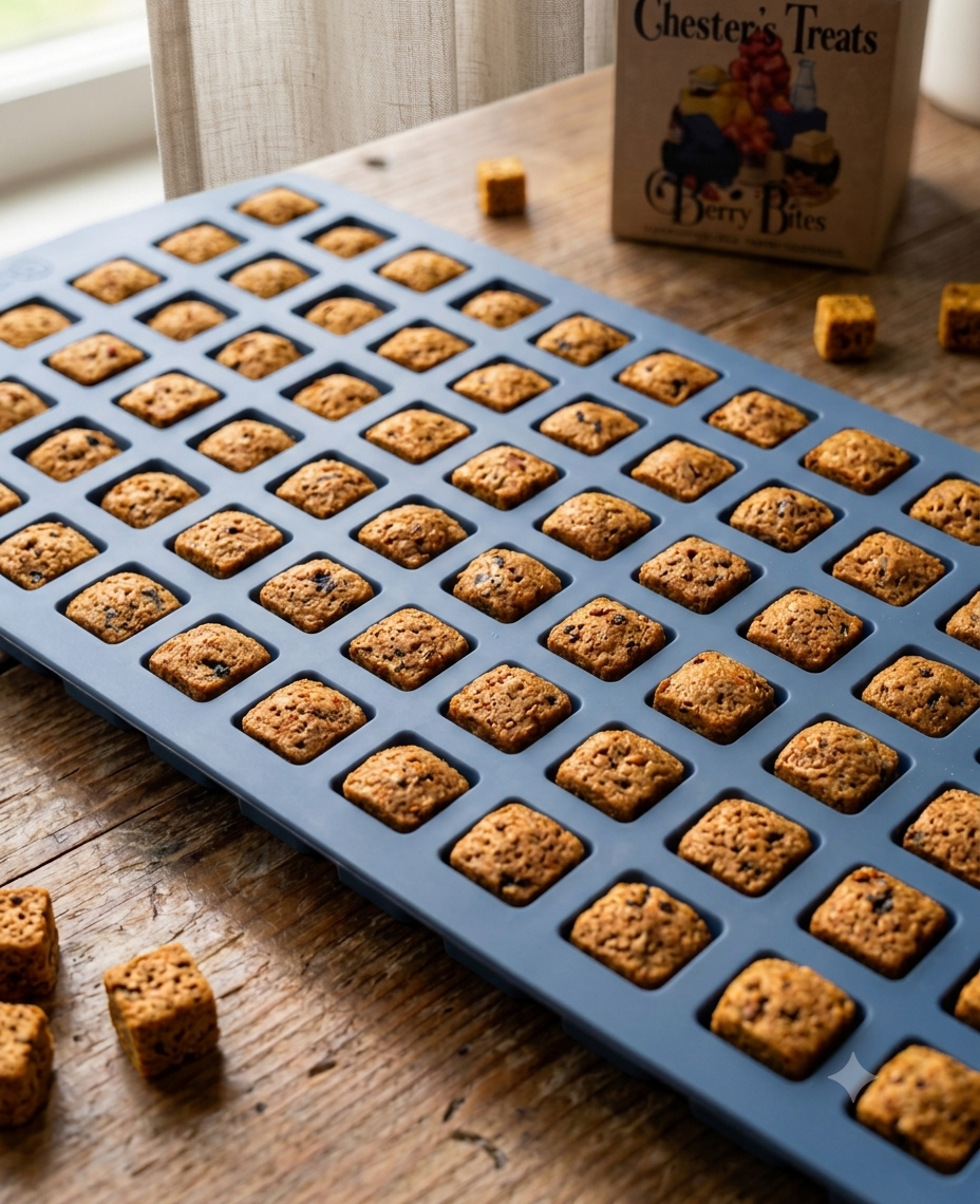 A silicone baking mold filled with freshly baked square-shaped cookies on a wooden table, with some cookies and a box of Chester's Treats Berry Bites snack in the background.