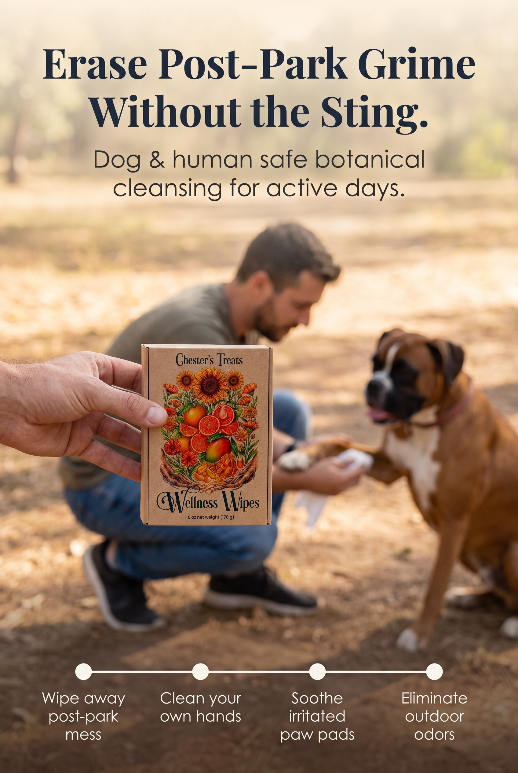 A man and a woman kneeling on the ground outside, with a boxer dog, at a park. The woman's hand is holding a box of Wellness Wipes, featuring a colorful illustration of fruits and vegetables, with text promoting post-park cleaning for dogs and humans