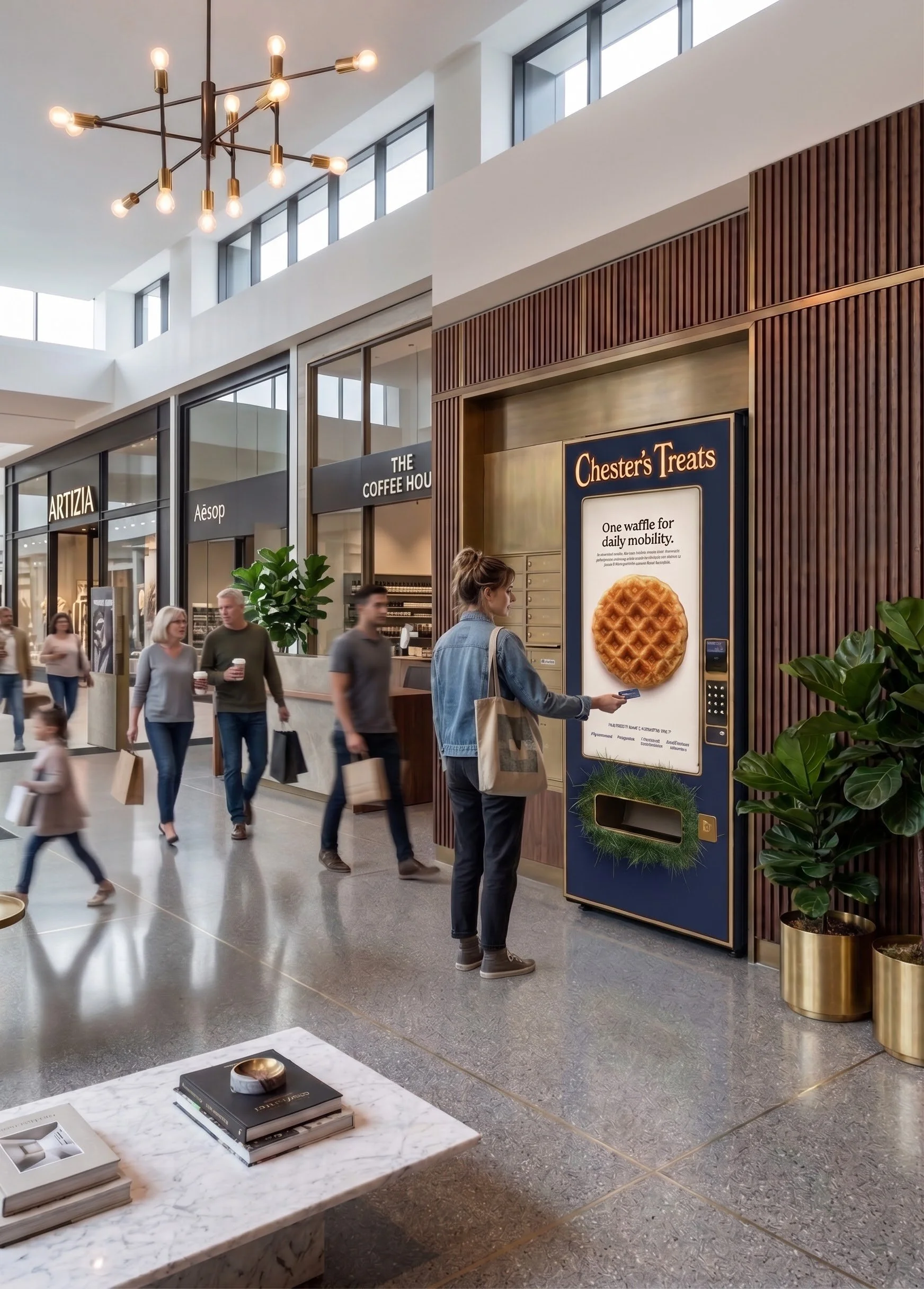 Inside a modern shopping mall with several people walking. There is a sign for Chester's Treats next to a woman using a vending kiosk. Storefronts for Artizia, Aesop, and The Coffee House are visible in the background