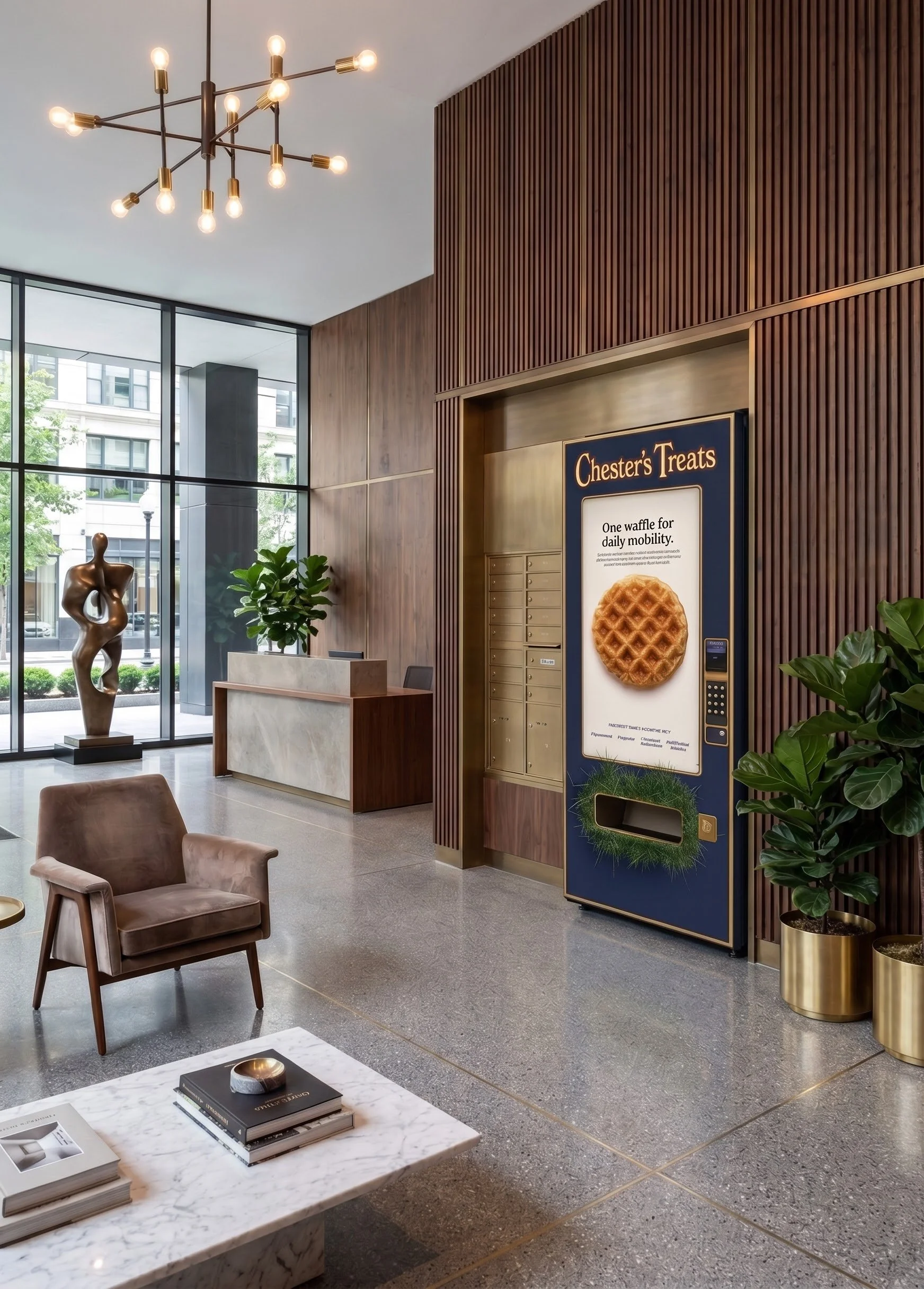 Modern hotel lobby with large glass windows, a wooden wall, a marble reception desk, a bronze sculpture, indoor plants, a seating area with velvet armchairs, and a waffle vending machine.