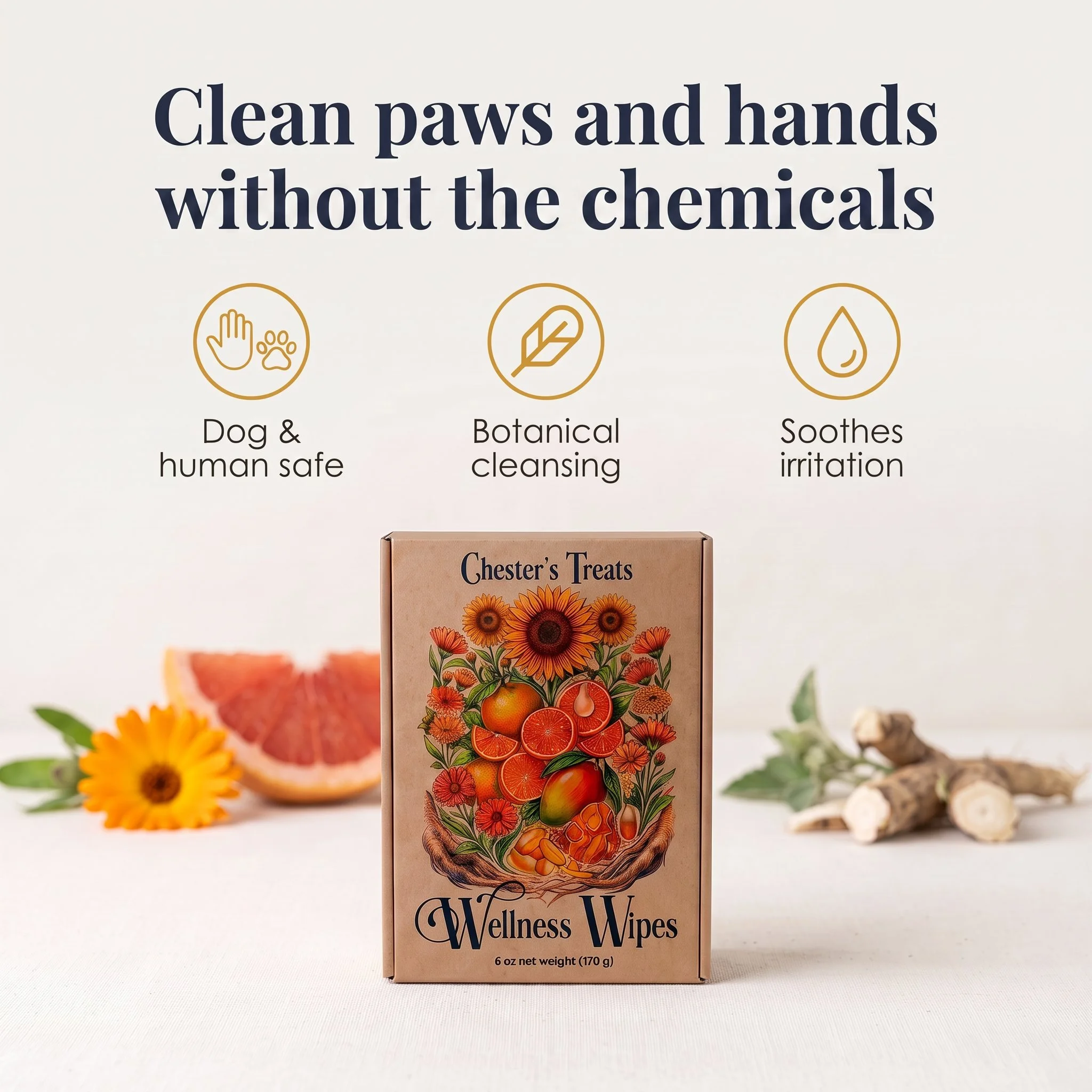 A box of Wellness Wipes with a colorful floral and fruit illustration on the front, set against a white background with other items and flowers faintly visible.