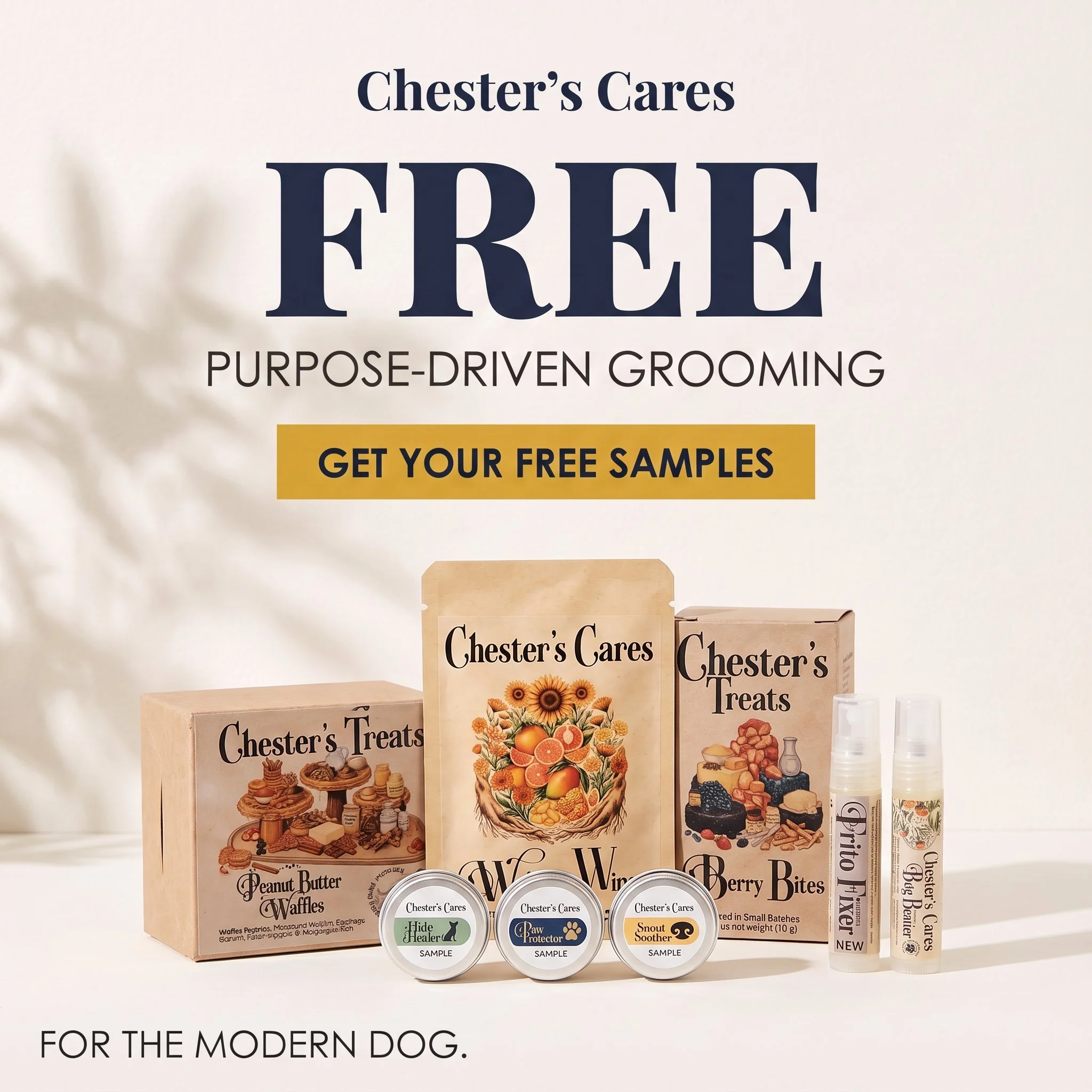 Display of Chester's Cares pet grooming products including informational brochures, containers labeled Hide Healing, Paw Protect, and Snout Soother, and sample tubes, with a promotional message for dog owners.