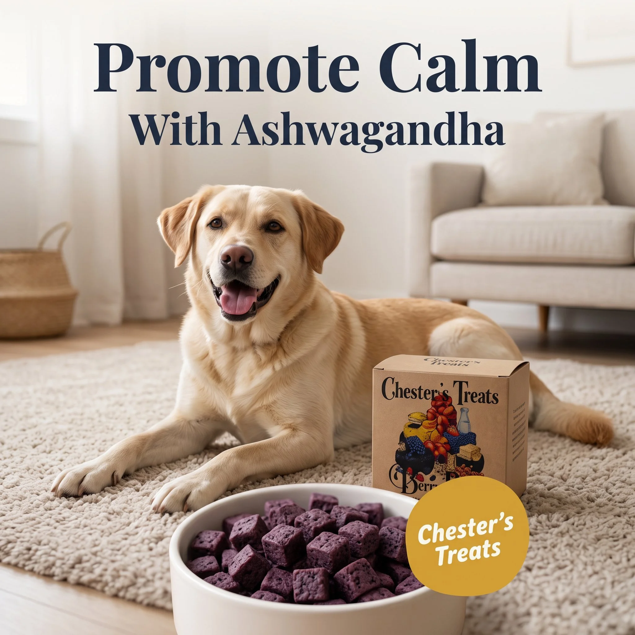 A happy Labrador retriever sitting on a beige carpet in a living room with a white wall, a beige sofa, and a basket in the background. In front of the dog is a white bowl of purple treats, and behind it is a box of Chester's Treats with an illustrati