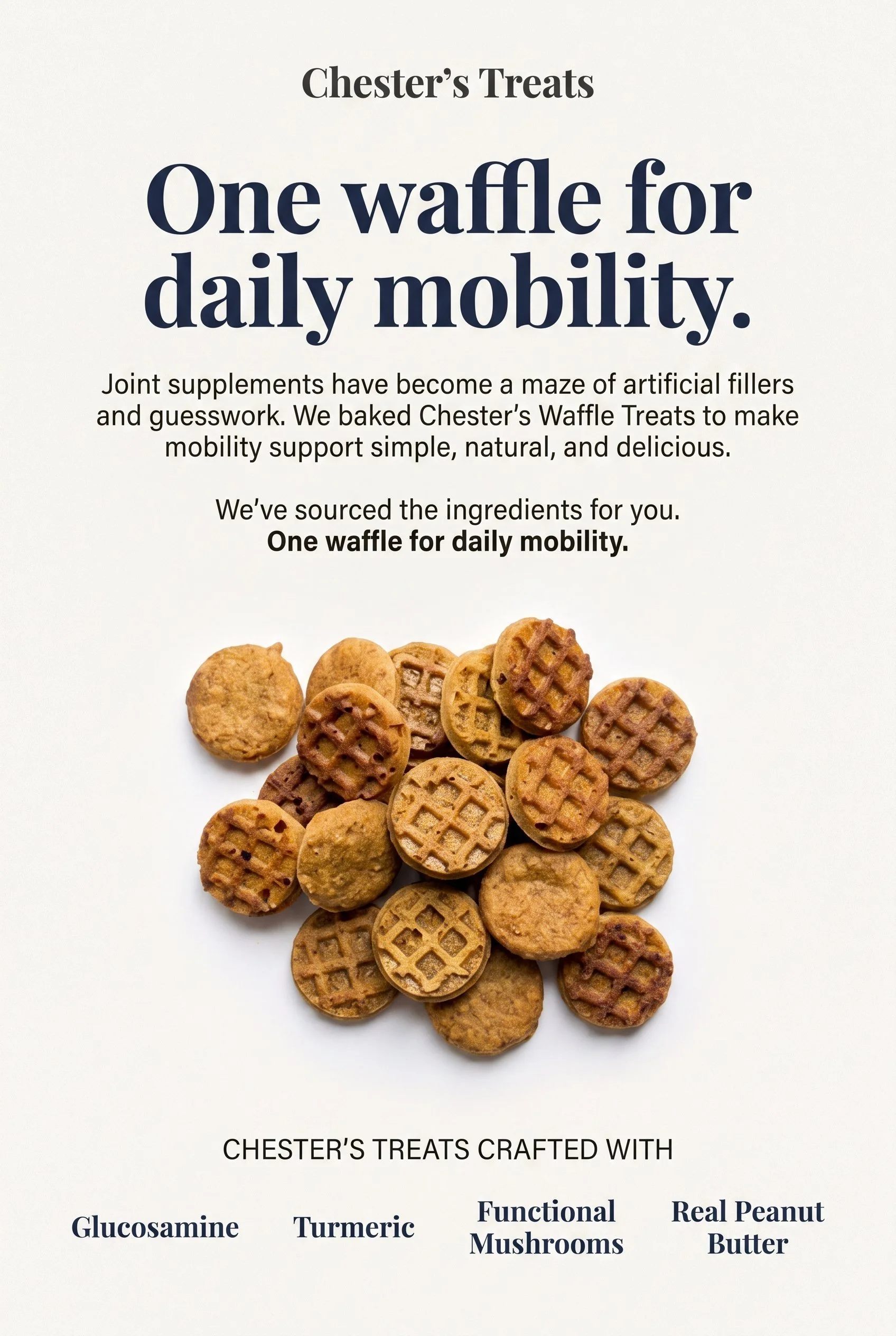 Poster titled "Chester's Treats" featuring baked waffle treat images, describing a product made with ingredients like Glucosamine, Turmeric, Functional Mushrooms, Real Peanut Butter, and crafted for daily mobility.