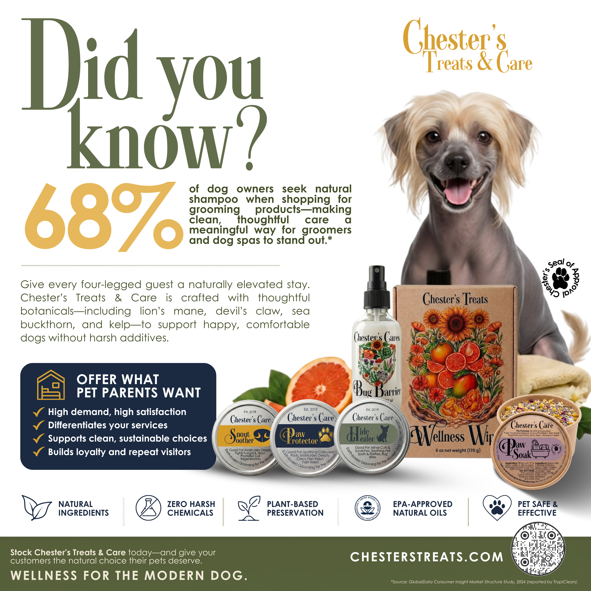 A promotional graphic for Chester's Treats & Care, a dog grooming and pet care brand, featuring a smiling dog, various pet products, and text about natural, plant-based, eco-friendly, and pet-safe ingredients.