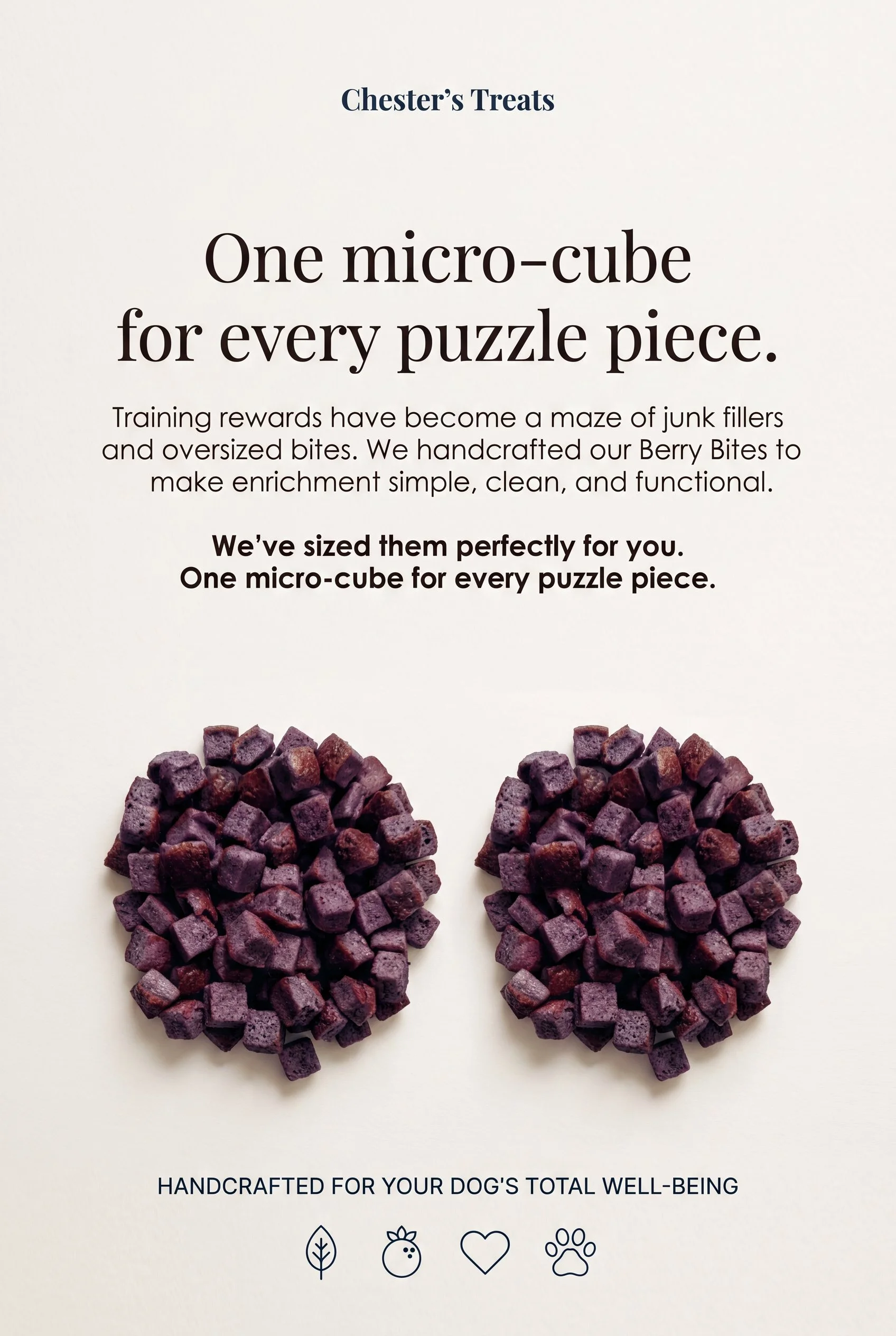 A package of dog treats called Chester’s Treats with a white background, featuring two clusters of purple, cubed dog treats made of dried berries. The package emphasizes one micro-cube per puzzle piece for dogs' well-being.