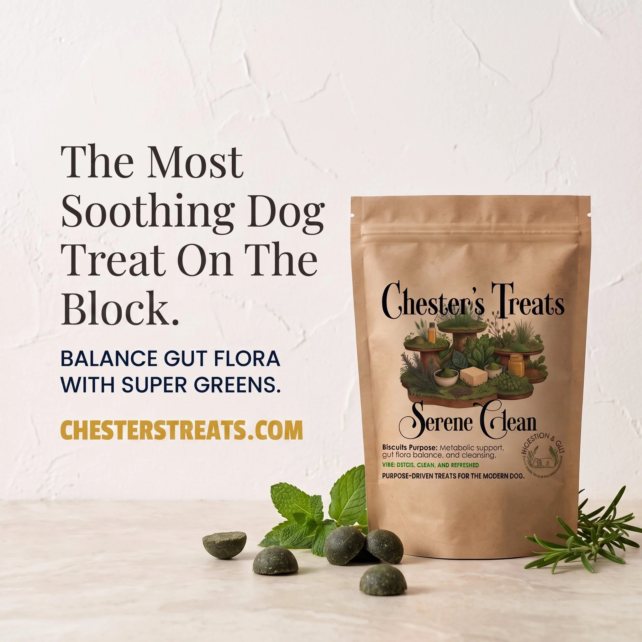 A bag of dog treats labeled Chester's Treats, featuring illustrations of plants and a small dog, placed on a white surface with mint leaves, black stones, and greenery around it.