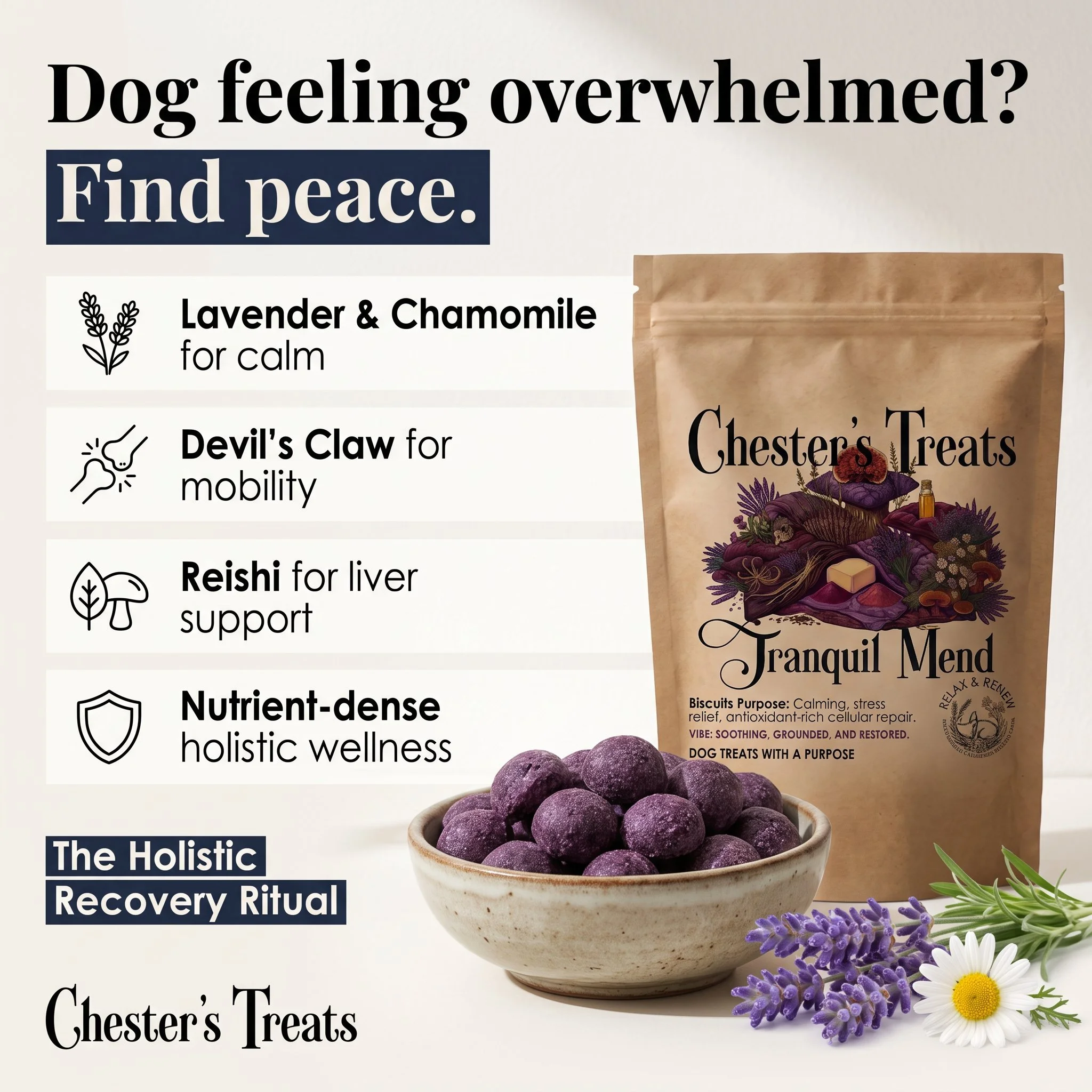 The image features a product package for Chester's Treats, a type of dog treat, with the headline "Dog feeling overwhelmed? Find peace." It also shows a bowl of purple dog treats, surrounded by lavender flowers and daisies, emphasizing a calming and 
